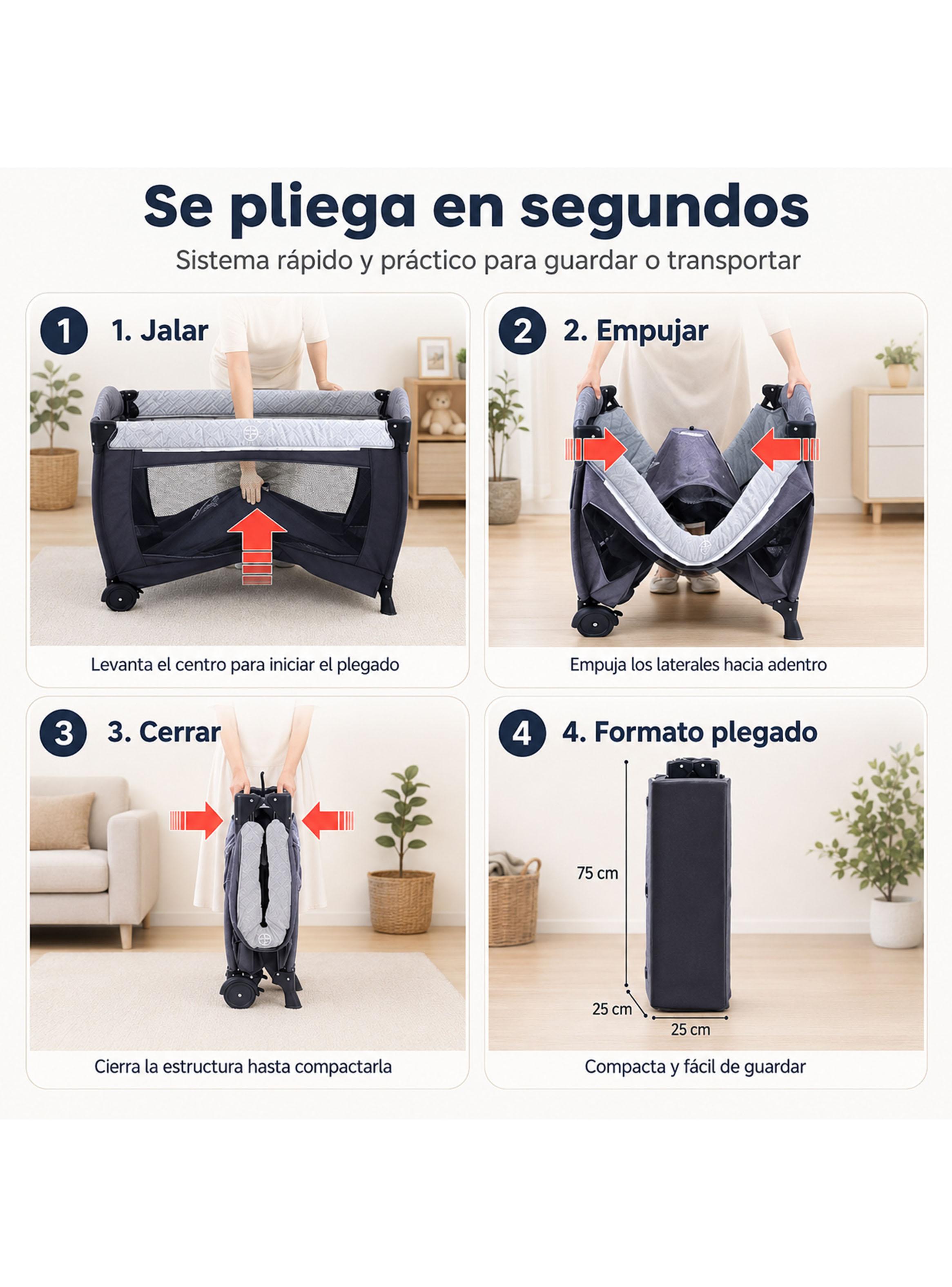 Cuna Corral Plegable de Viaje con Mudador Mosquitero y Organizador Gris-2