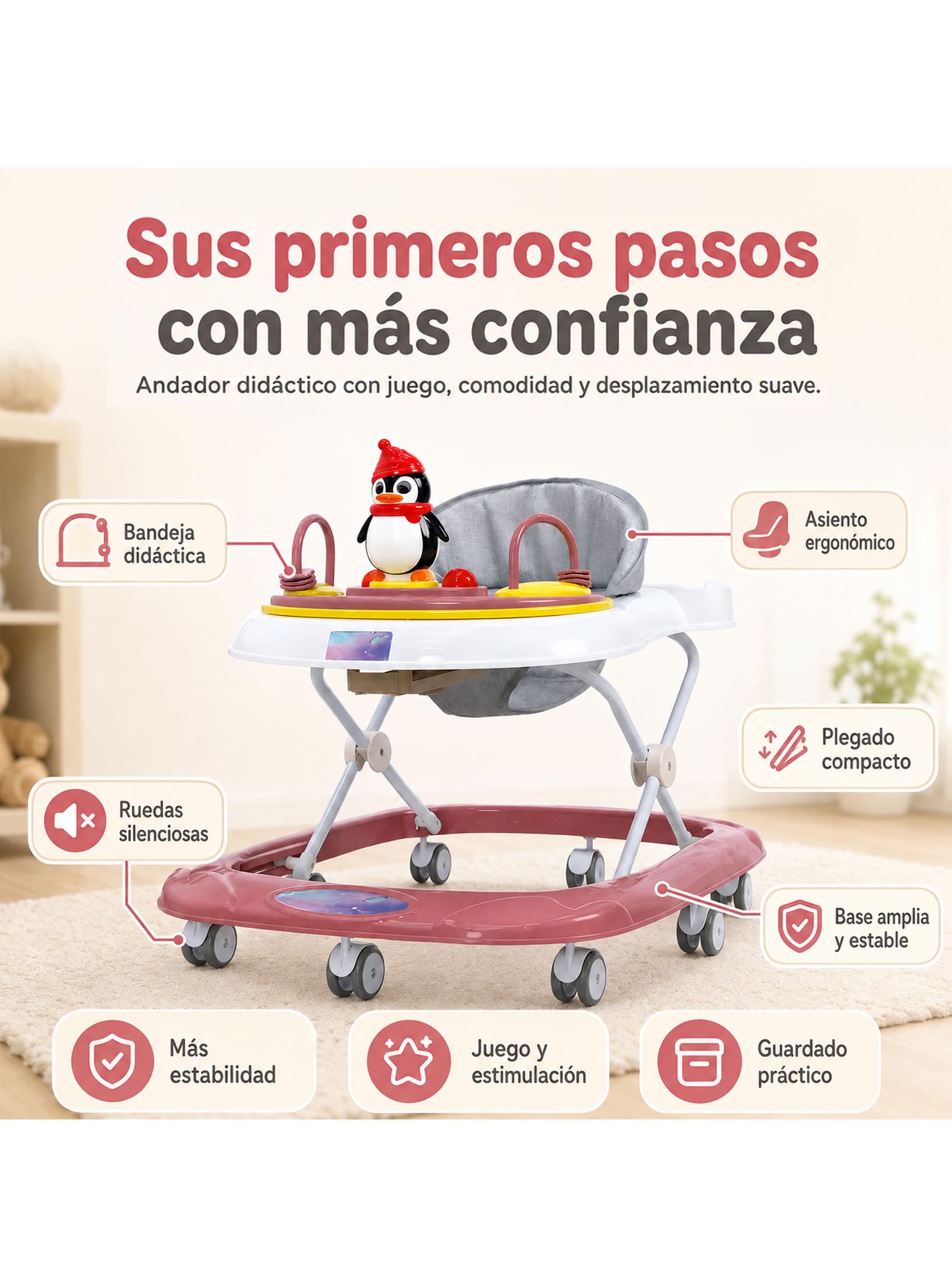 Andador para Bebé Pingüino Ruedas Silenciosas Rosado-2