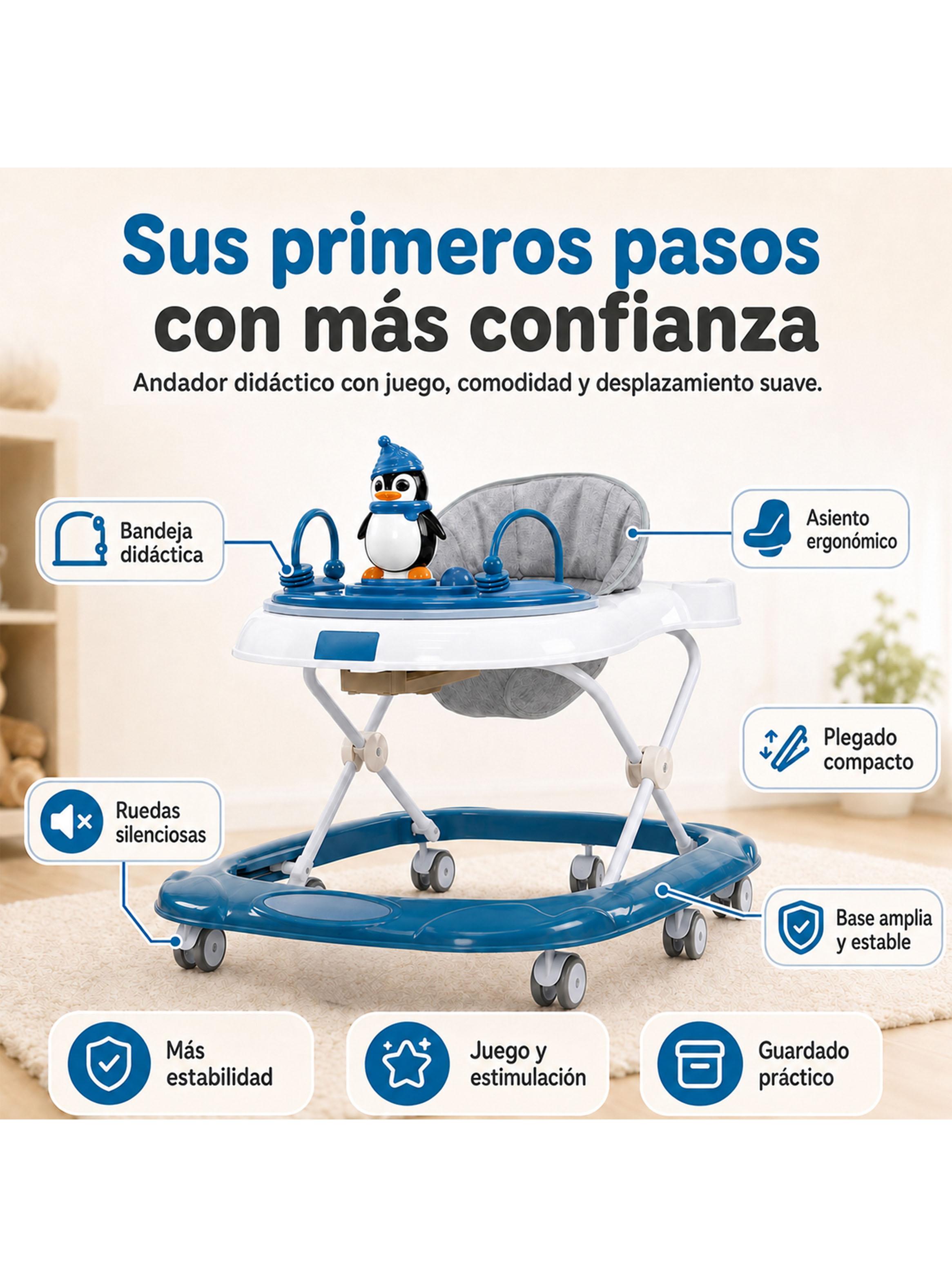 Andador para Bebé Pingüino Ruedas Silenciosas Azul-2