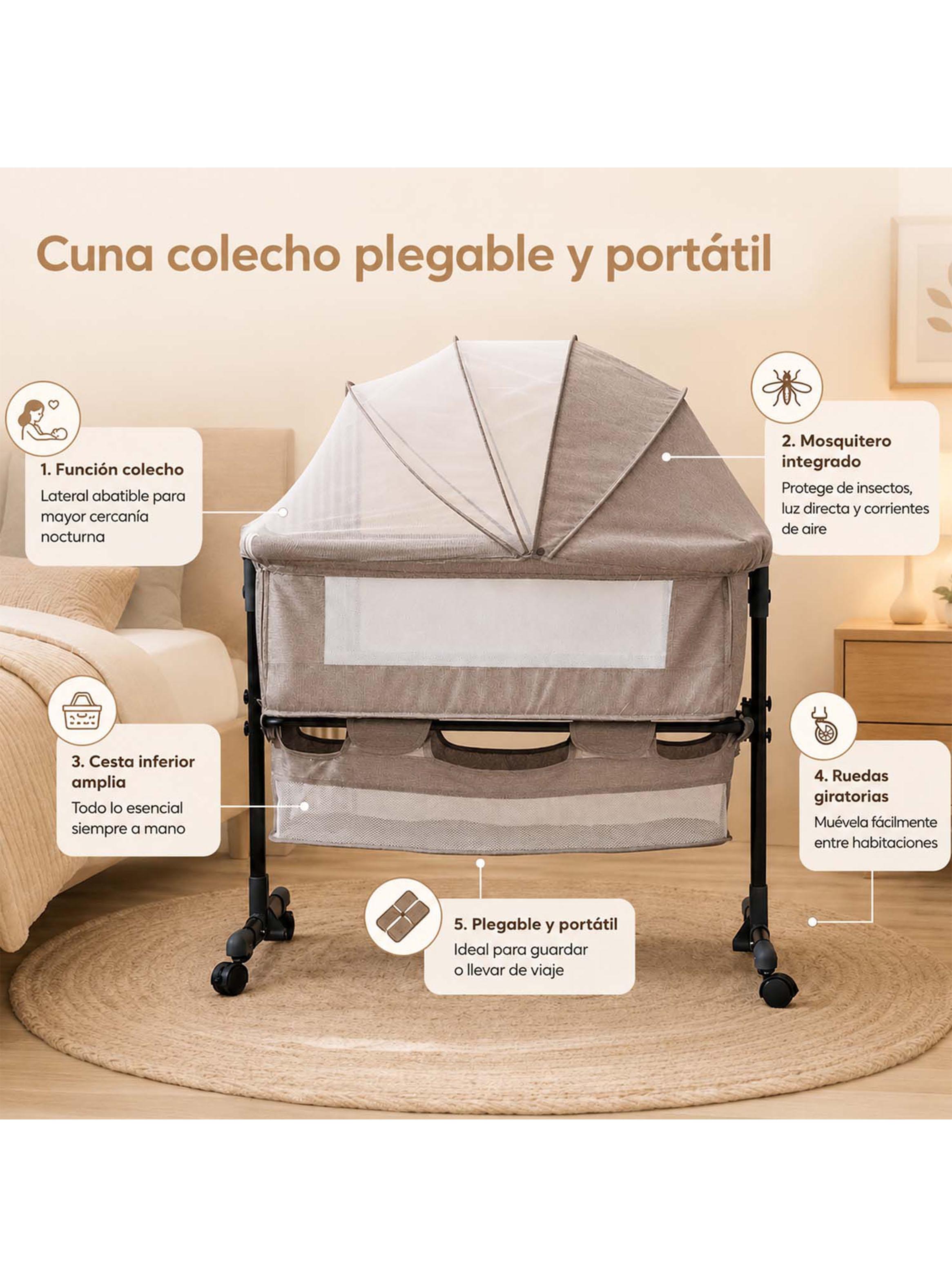 Cuna Colecho Compacta y Plegable + Mecedora con Mosquitero Beige-3