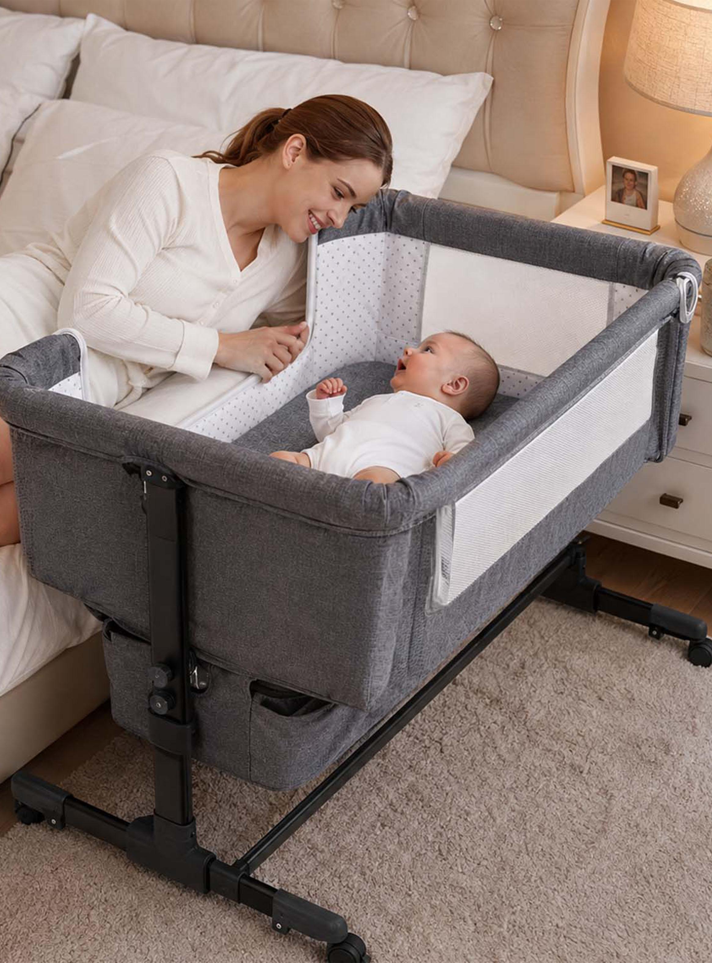 Cuna Colecho Compacta y Plegable + Mecedora con Mosquitero Gris-5