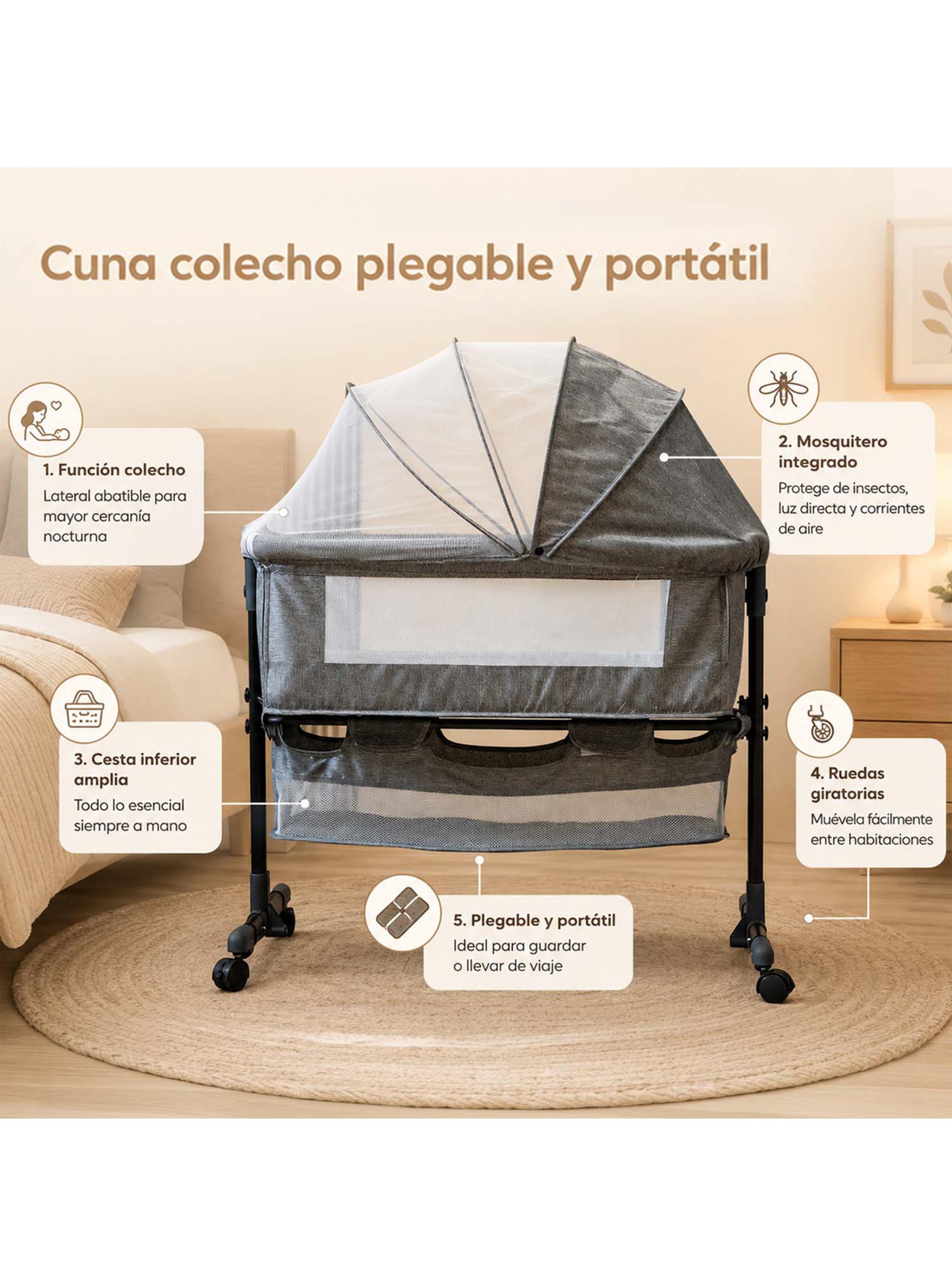 Cuna Colecho Compacta y Plegable + Mecedora con Mosquitero Gris-3