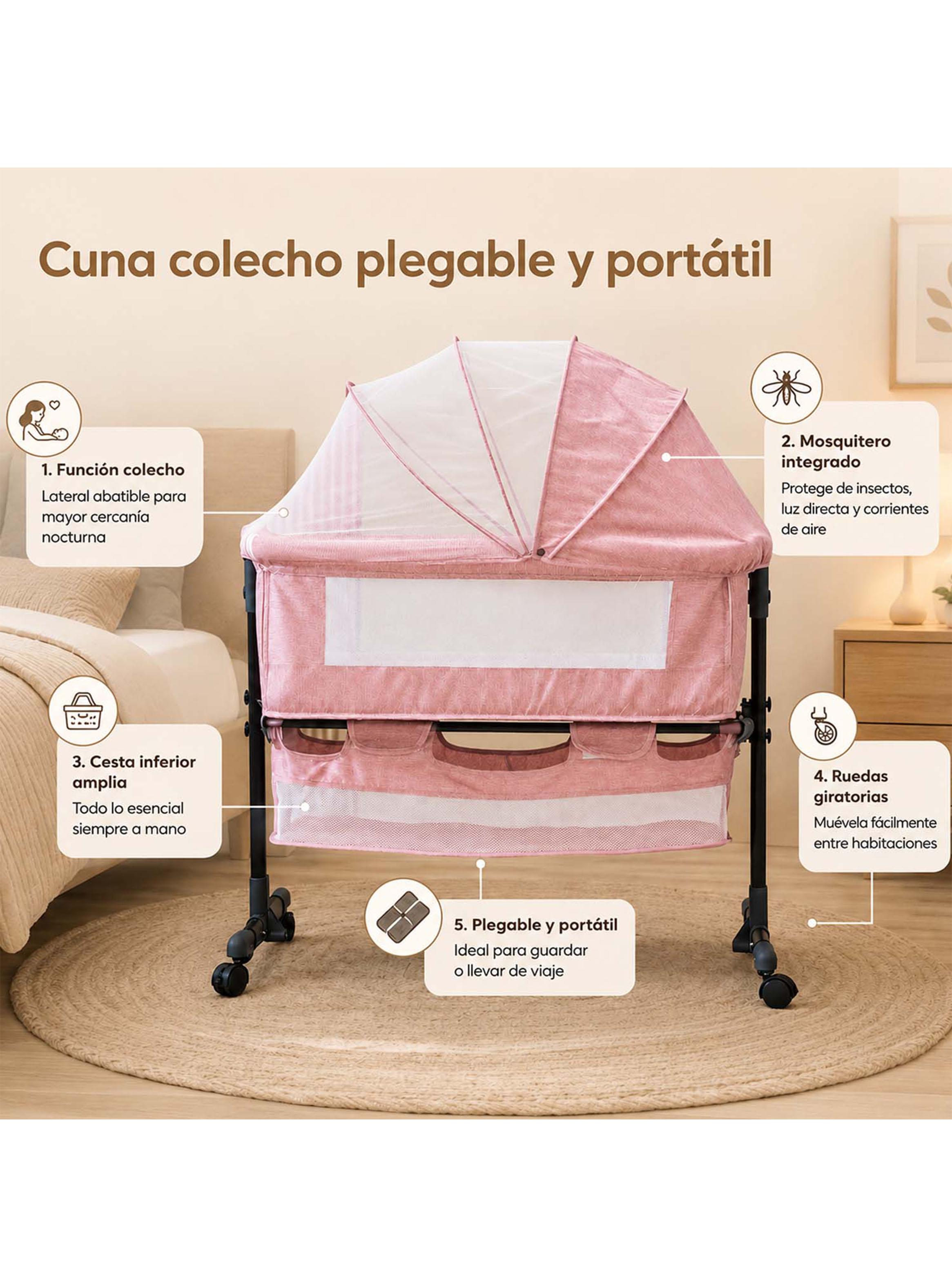 Cuna Colecho Compacta y Plegable + Mecedora con Mosquitero Rosado-3