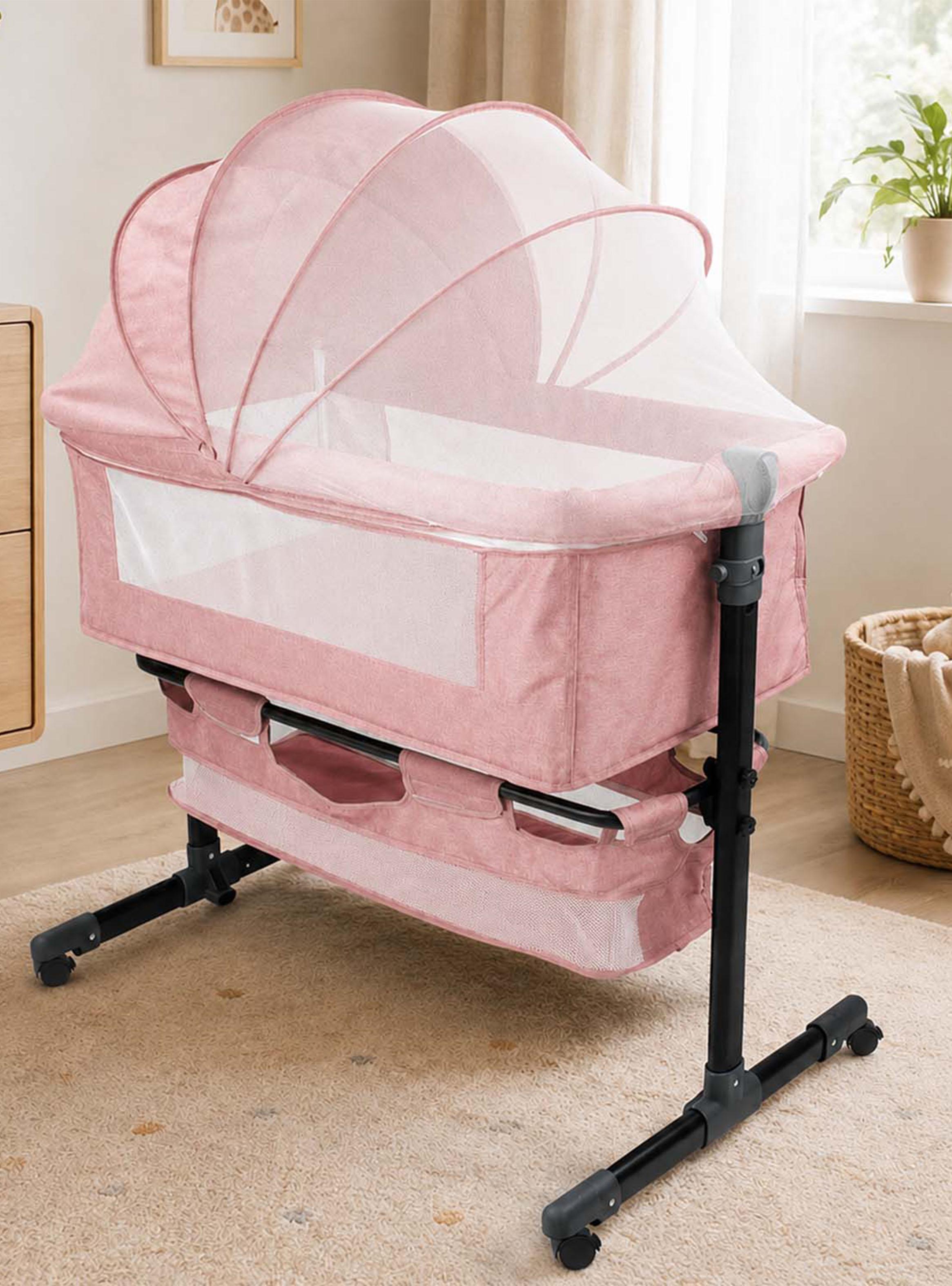 Cuna Colecho Compacta y Plegable + Mecedora con Mosquitero Rosado-4