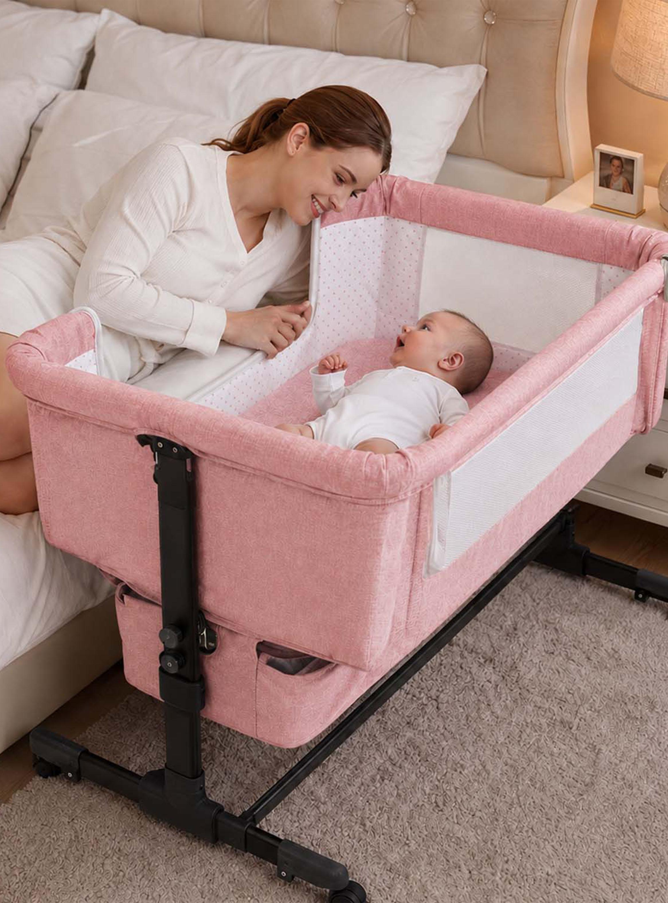Cuna Colecho Compacta y Plegable + Mecedora con Mosquitero Rosado-5
