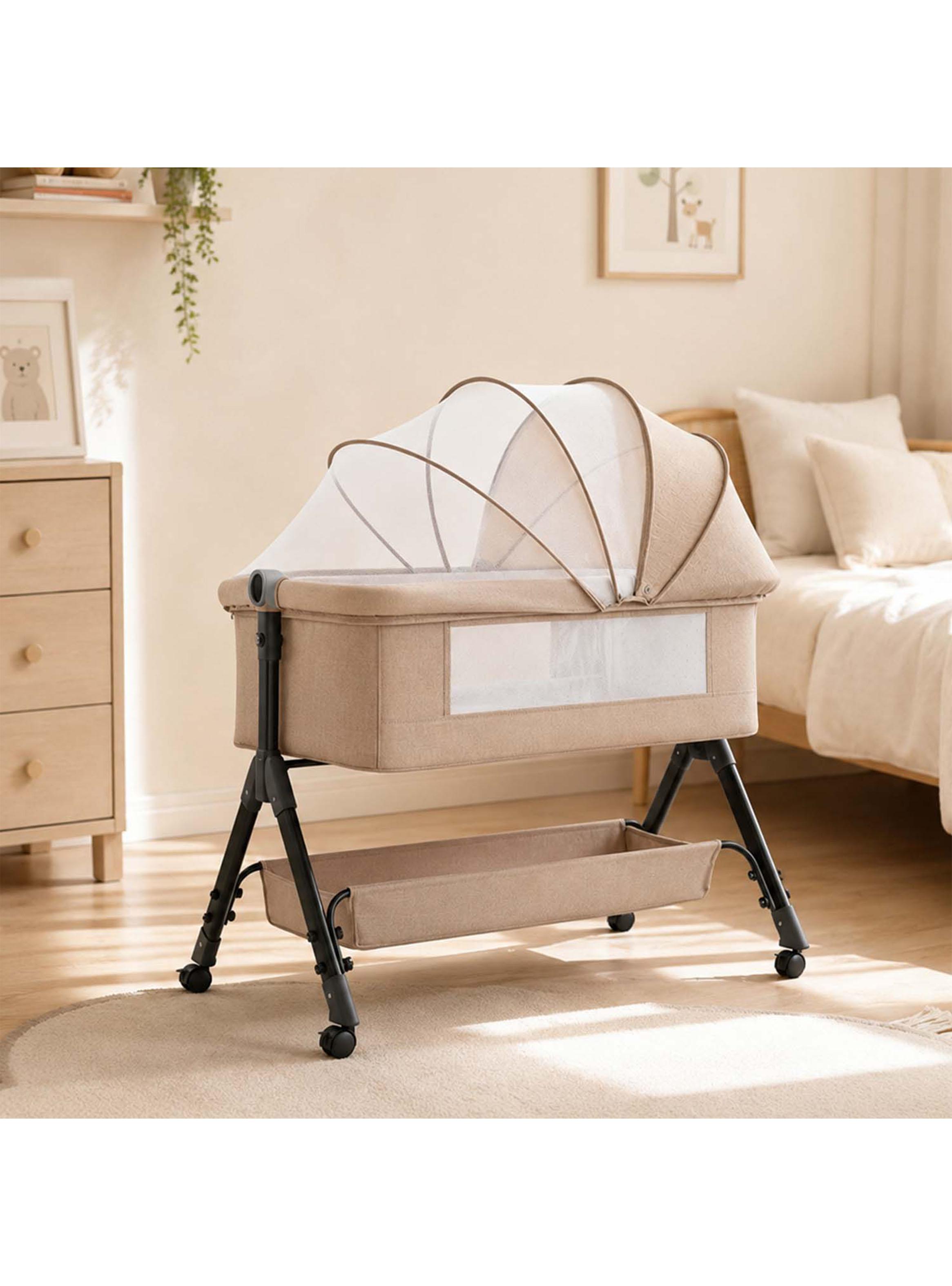 Cuna Colecho Compacta y Plegable con Mecedora Mosquitero Beige-4