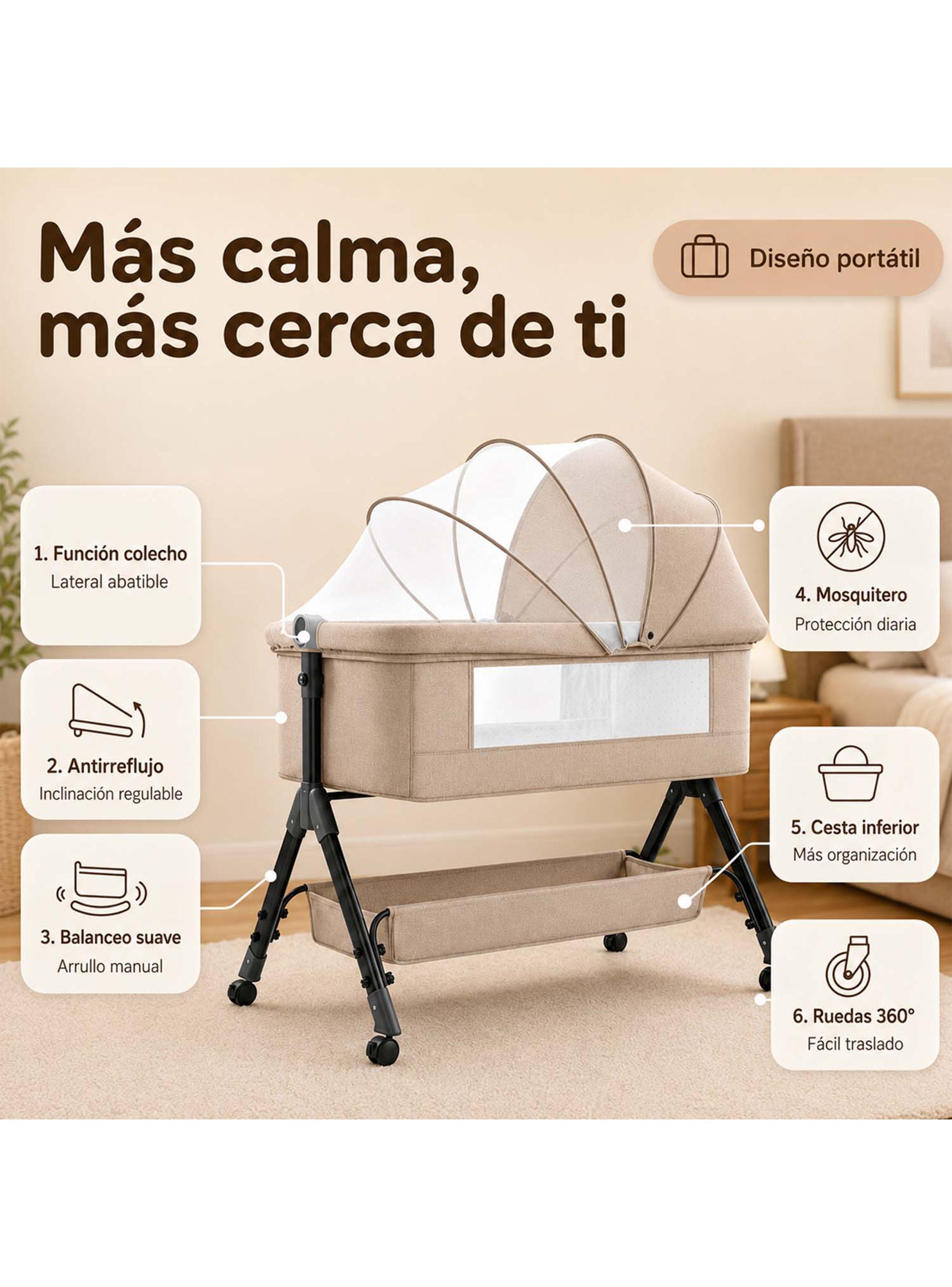 Cuna Colecho Compacta y Plegable con Mecedora Mosquitero Beige-3