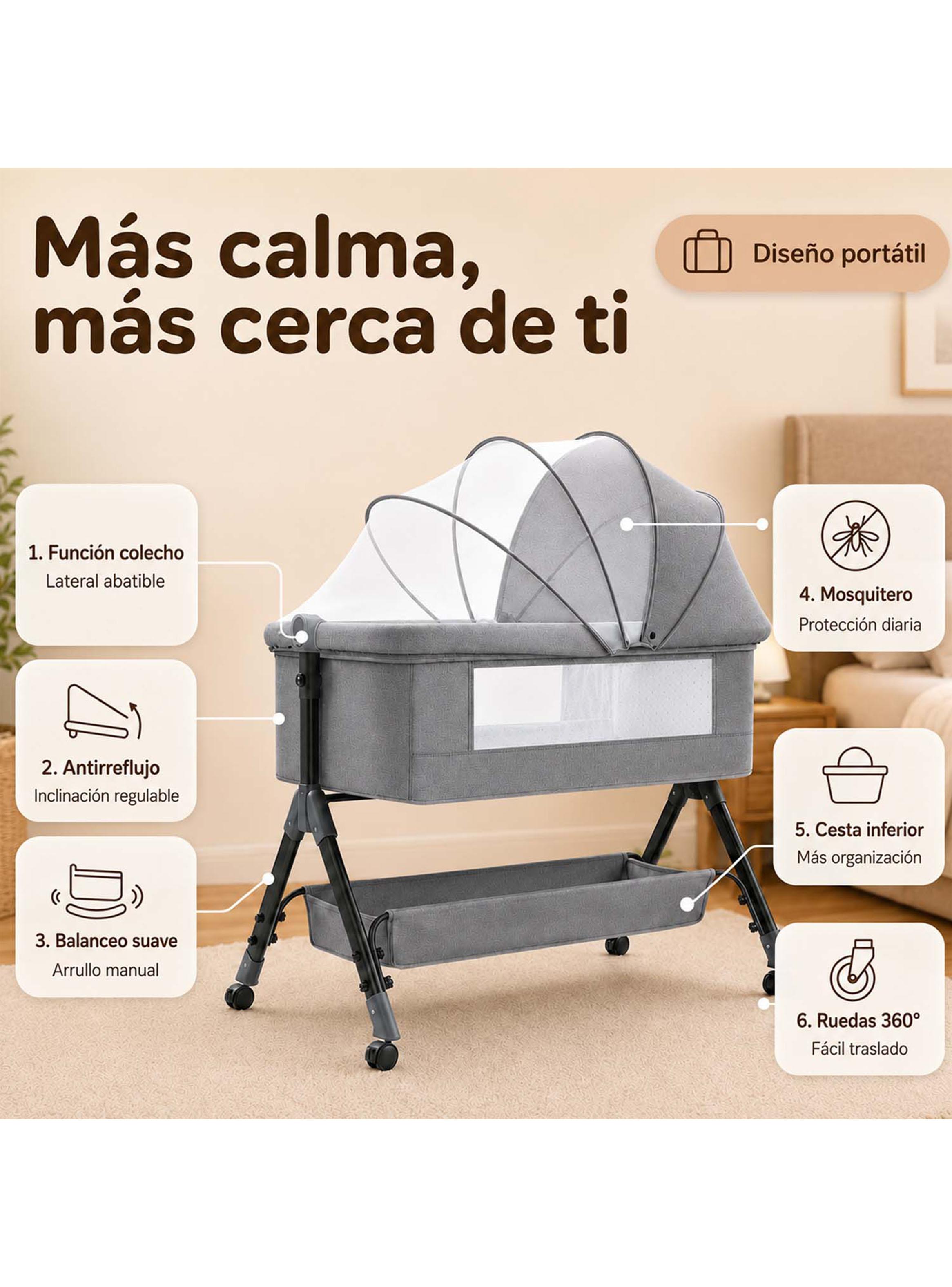 Cuna Colecho Compacta y Plegable con Mecedora Mosquitero Gris-3