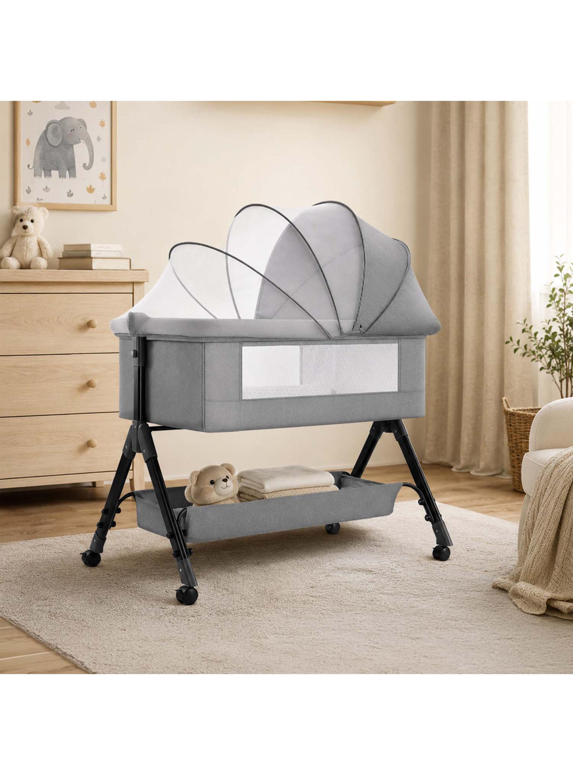 Cuna Colecho Compacta y Plegable con Mecedora Mosquitero Gris-4