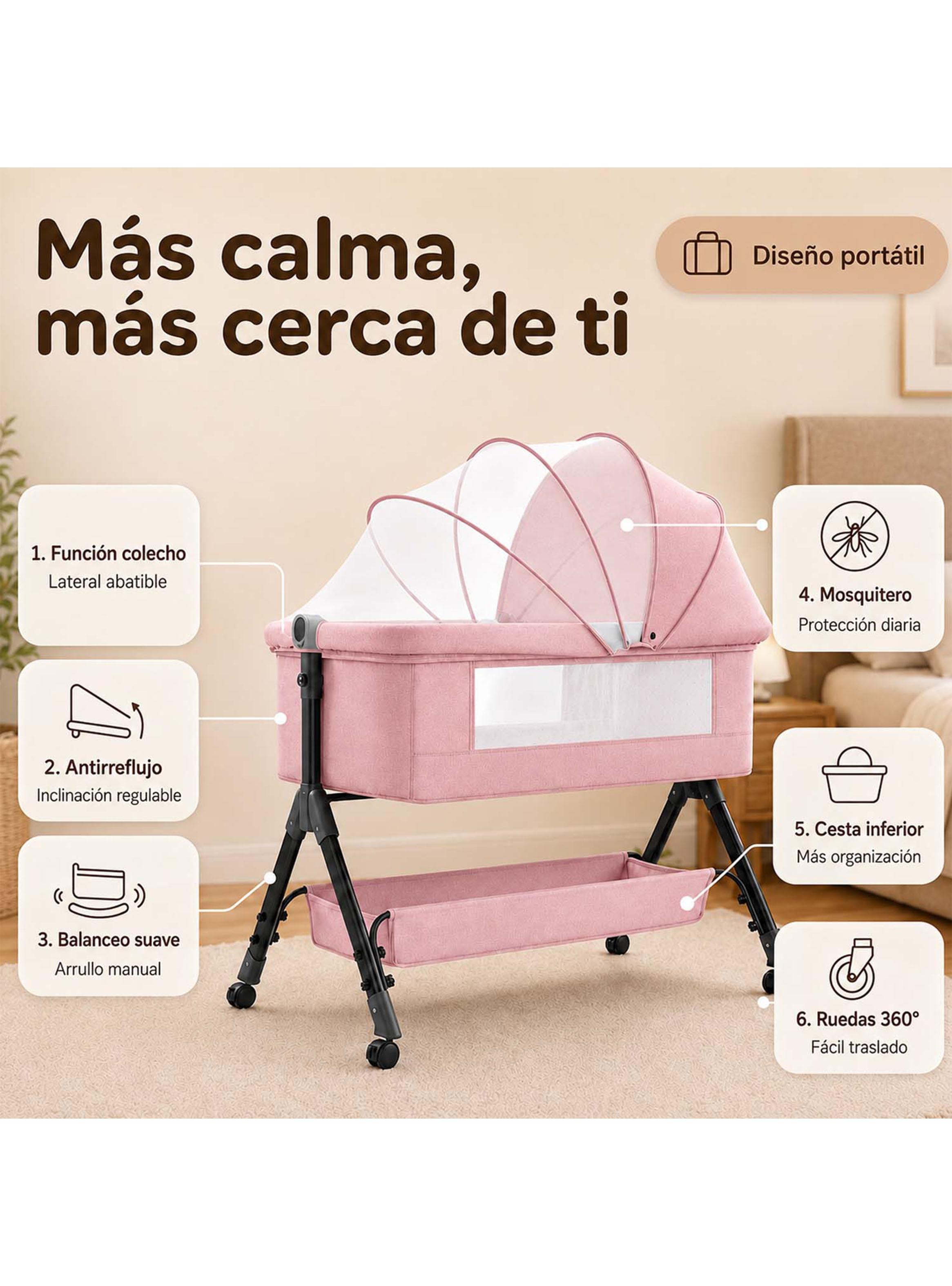 Cuna Colecho Compacta y Plegable con Mecedora Mosquitero Rosado-3