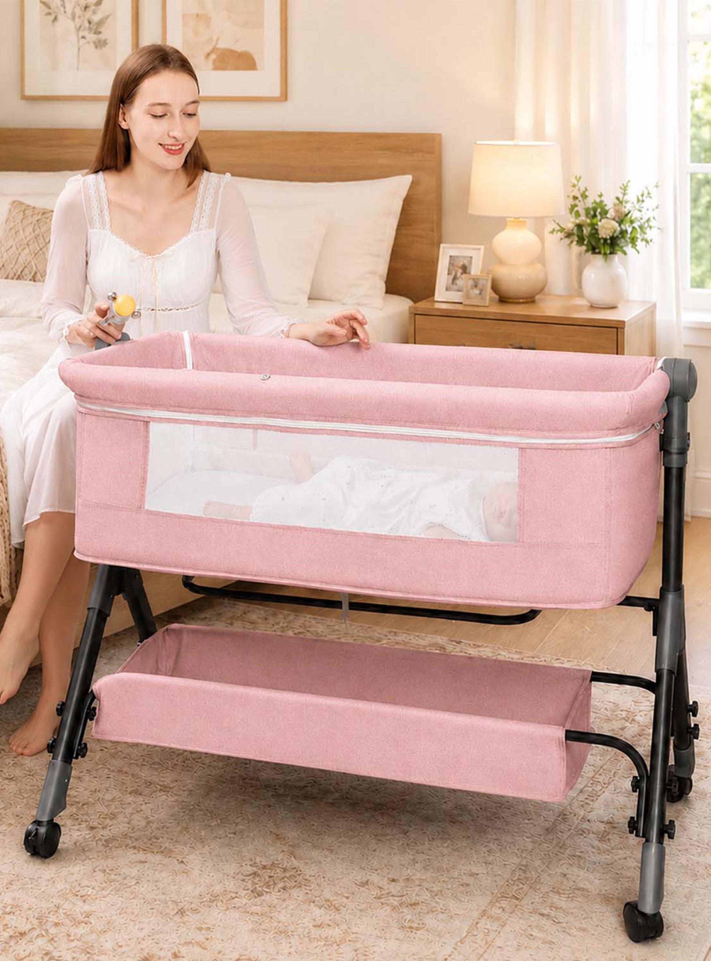 Cuna Colecho Compacta y Plegable con Mecedora Mosquitero Rosado-5
