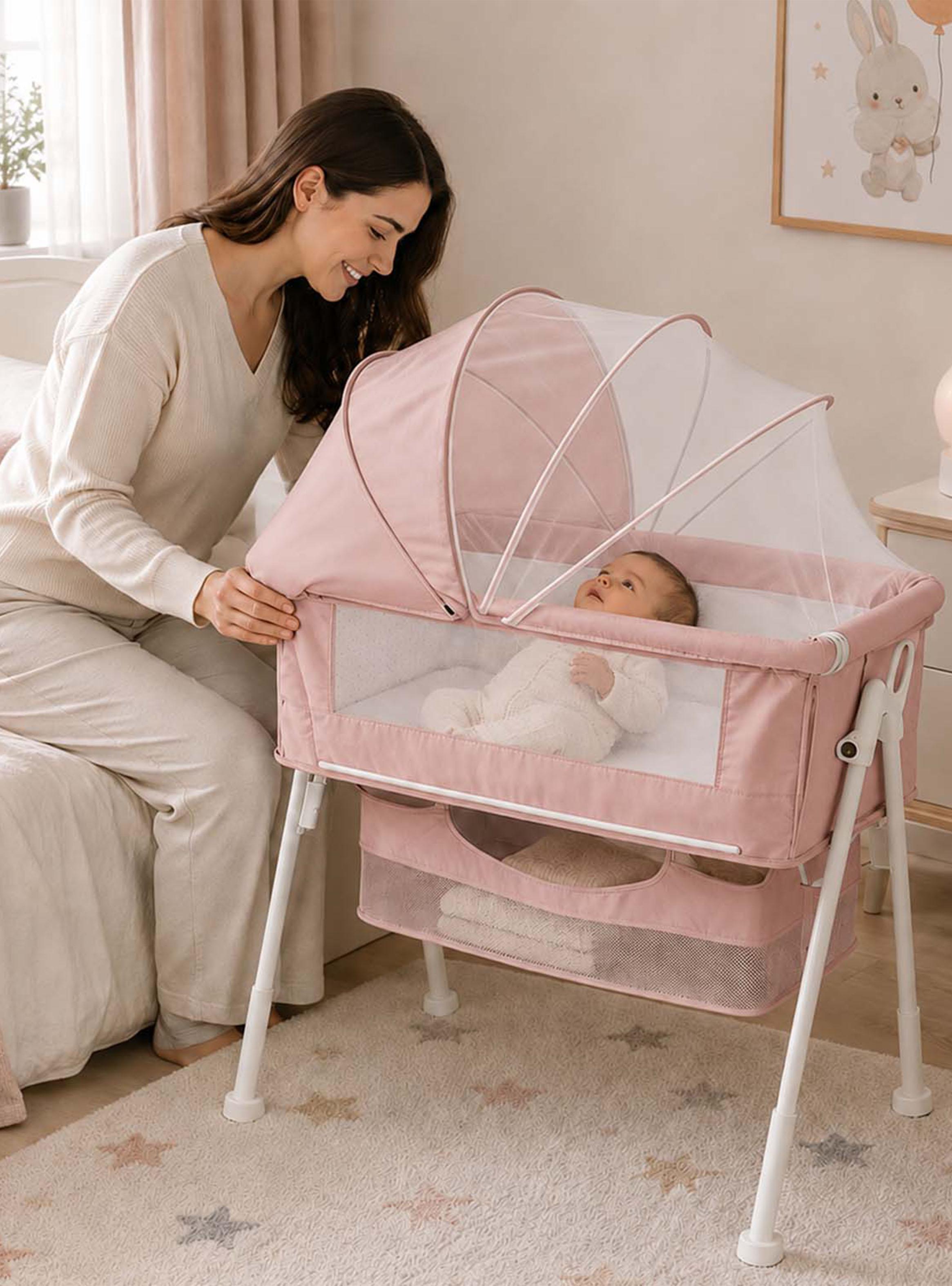 Cuna Colecho Multifuncional Plegable con Mosquitero Rosado-5