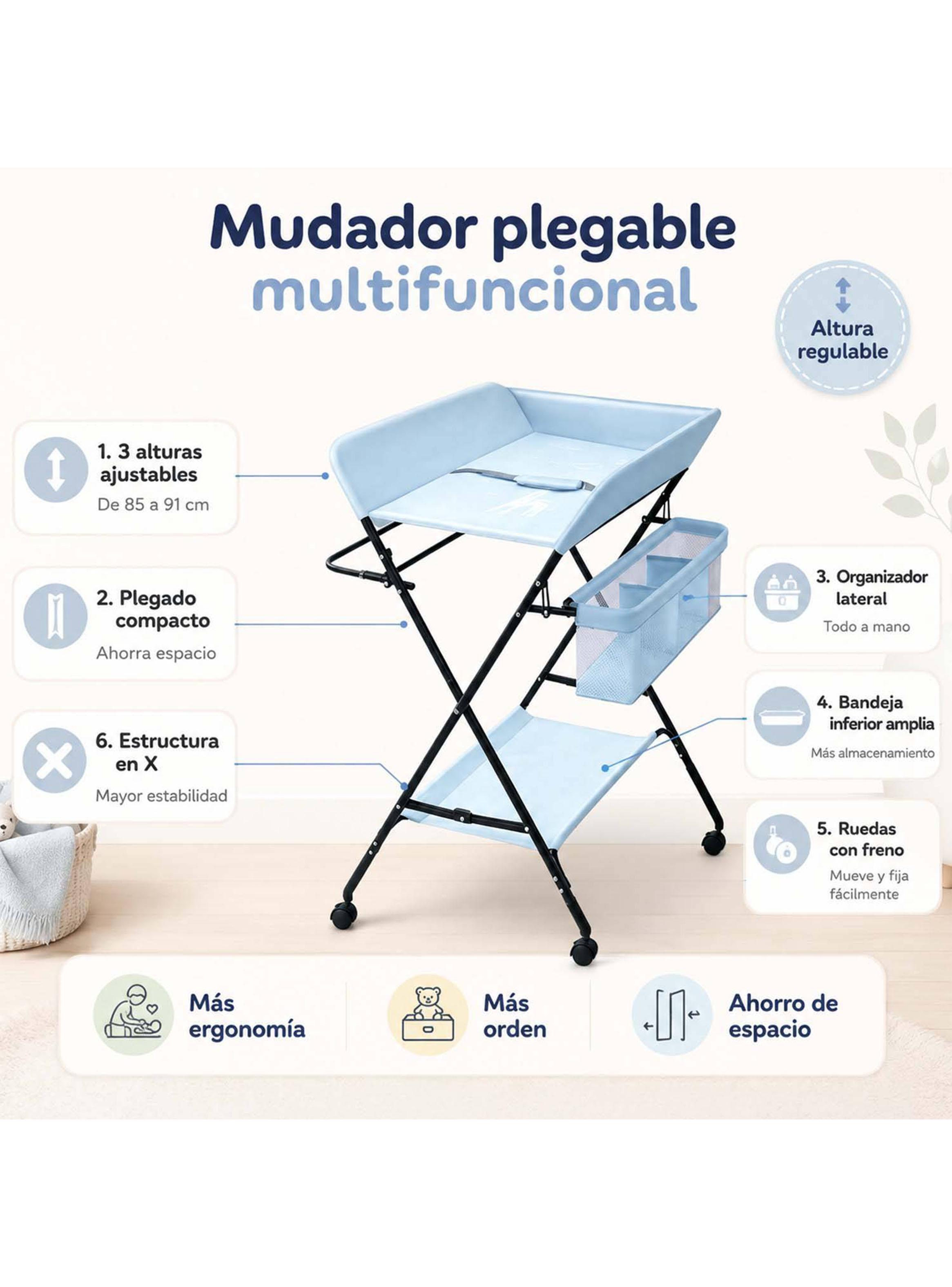 Mudador de Bebé Plegable Ajustable con Ruedas y Organizador Azul-3