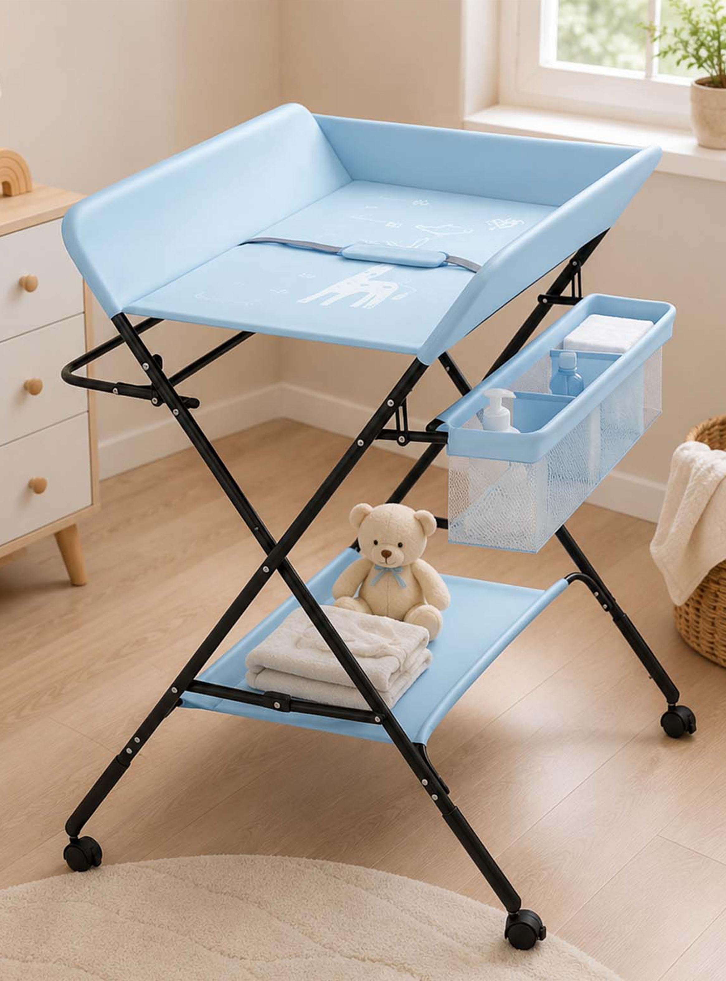 Mudador de Bebé Plegable Ajustable con Ruedas y Organizador Azul-2