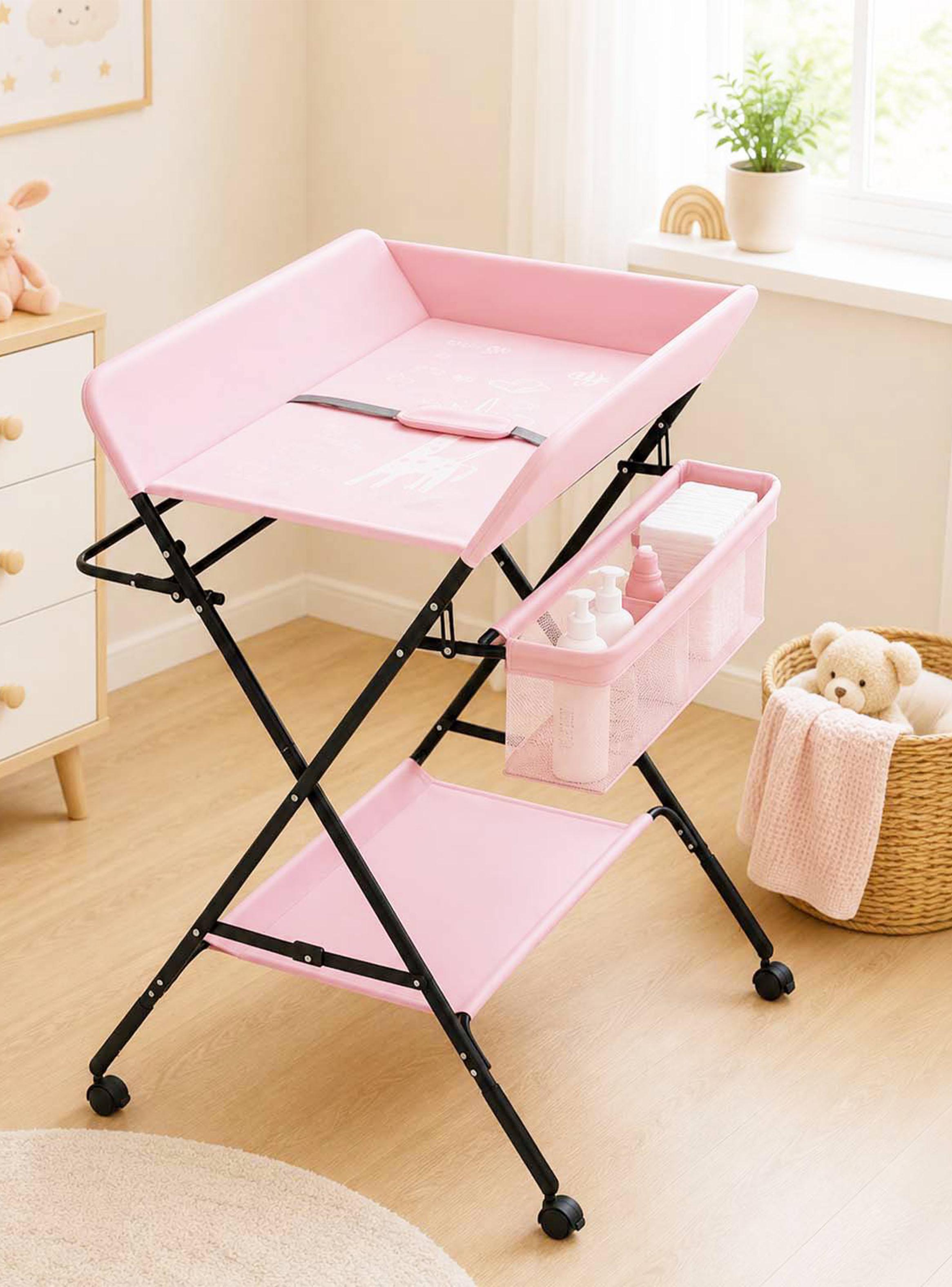 Mudador de Bebé Plegable Ajustable con Ruedas y Organizador Rosa-3