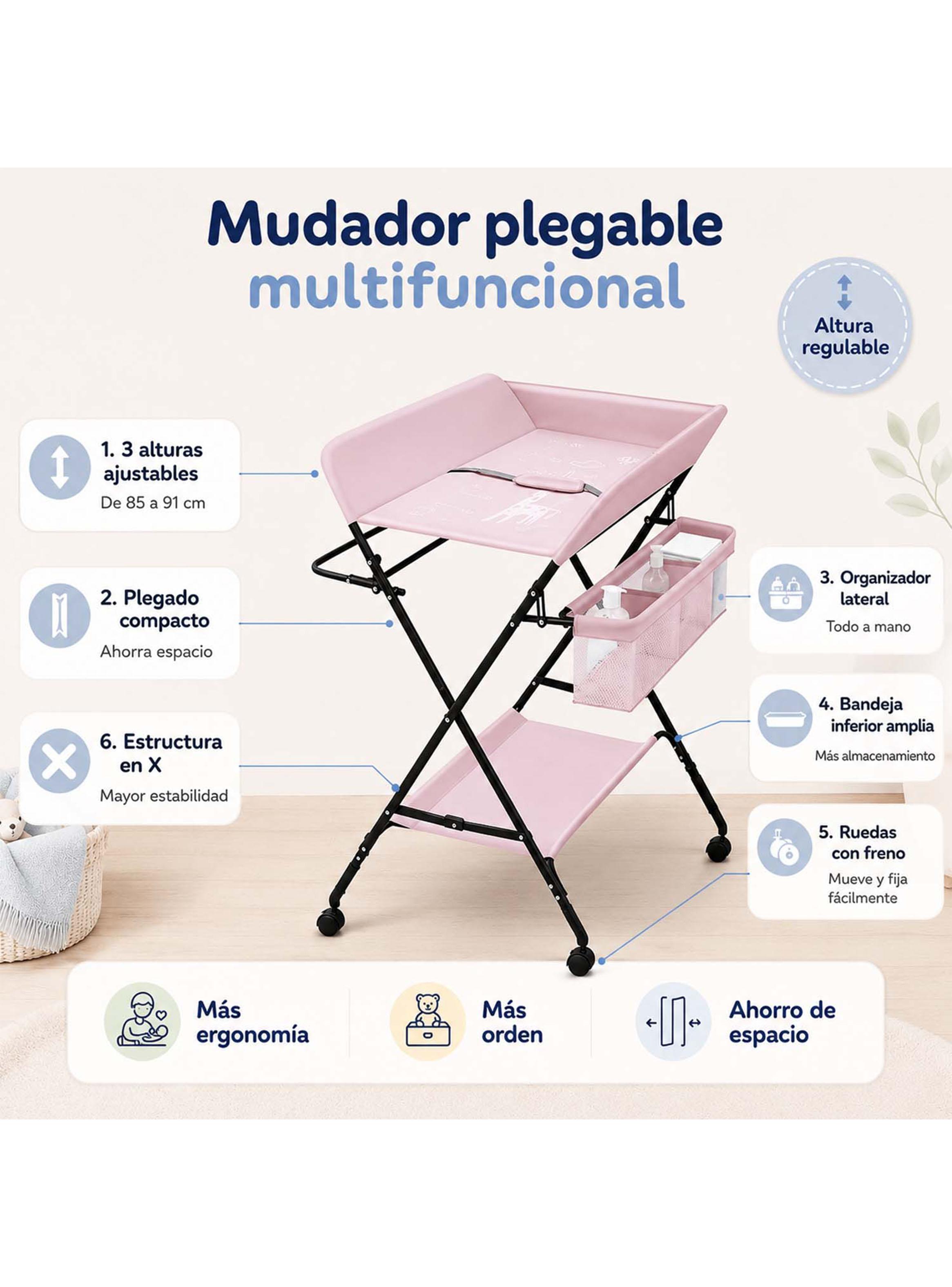 Mudador de Bebé Plegable Ajustable con Ruedas y Organizador Rosa-2