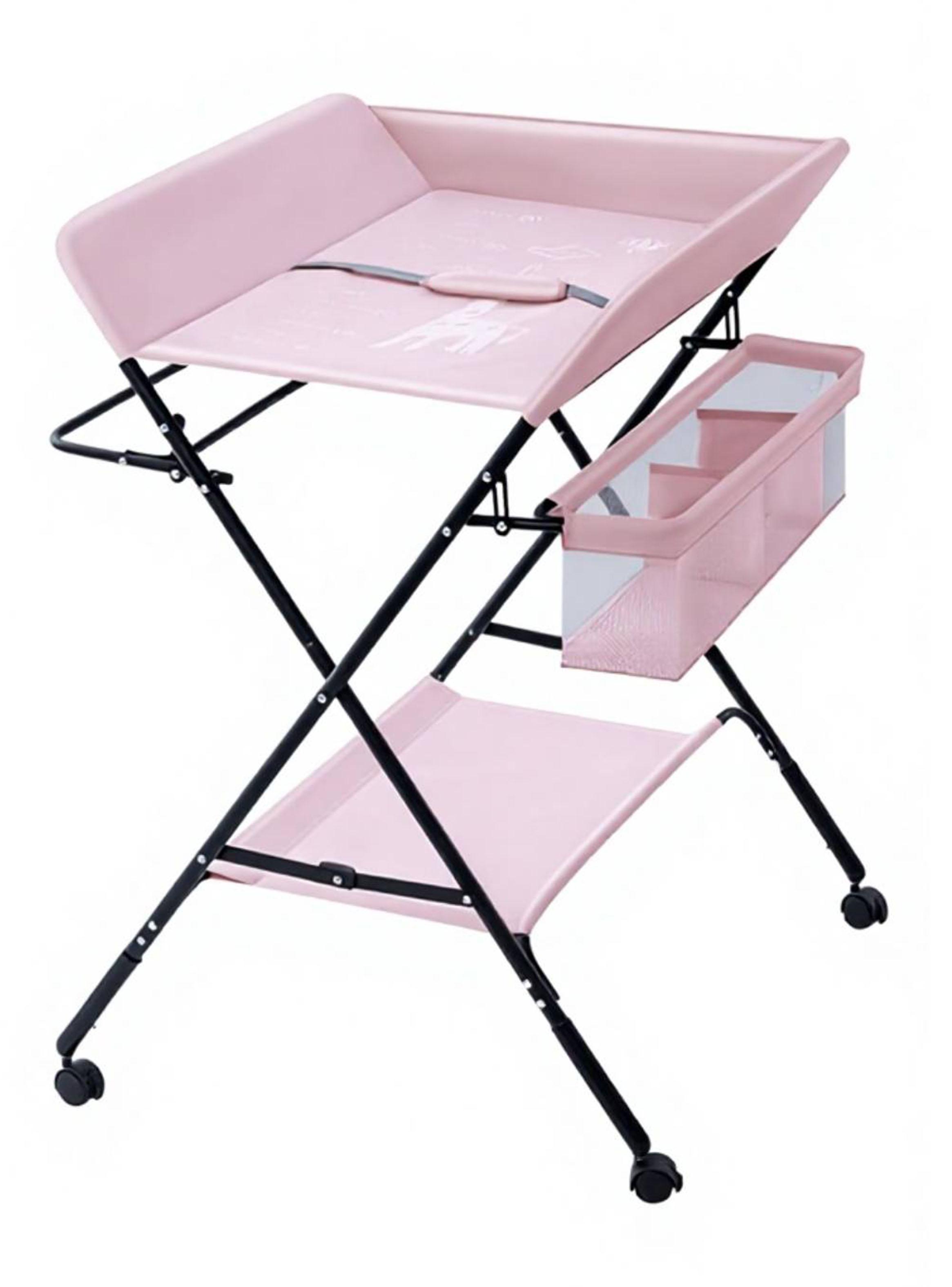 Mudador de Bebé Plegable Ajustable con Ruedas y Organizador Rosa-0