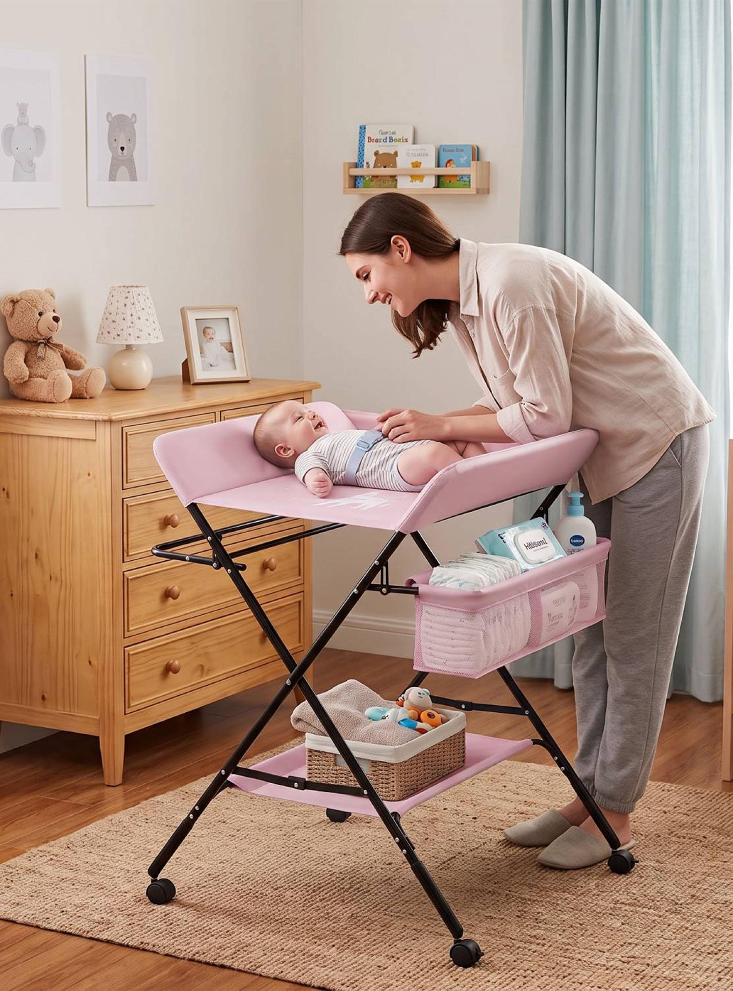 Mudador de Bebé Plegable Ajustable con Ruedas y Organizador Rosa-4