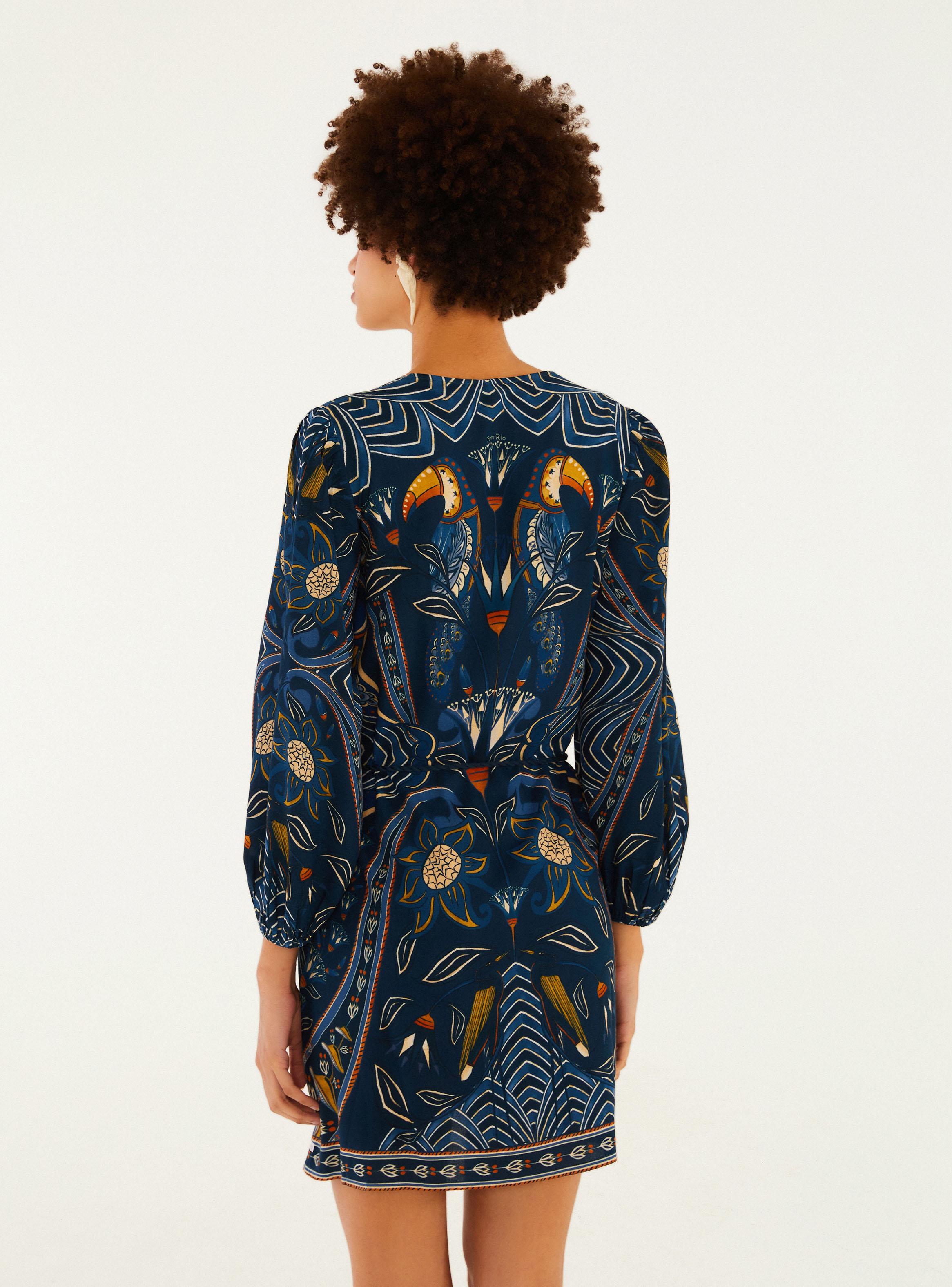 Vestido Corto Manga Aglobadas Estampado Índigo Bohemio-1