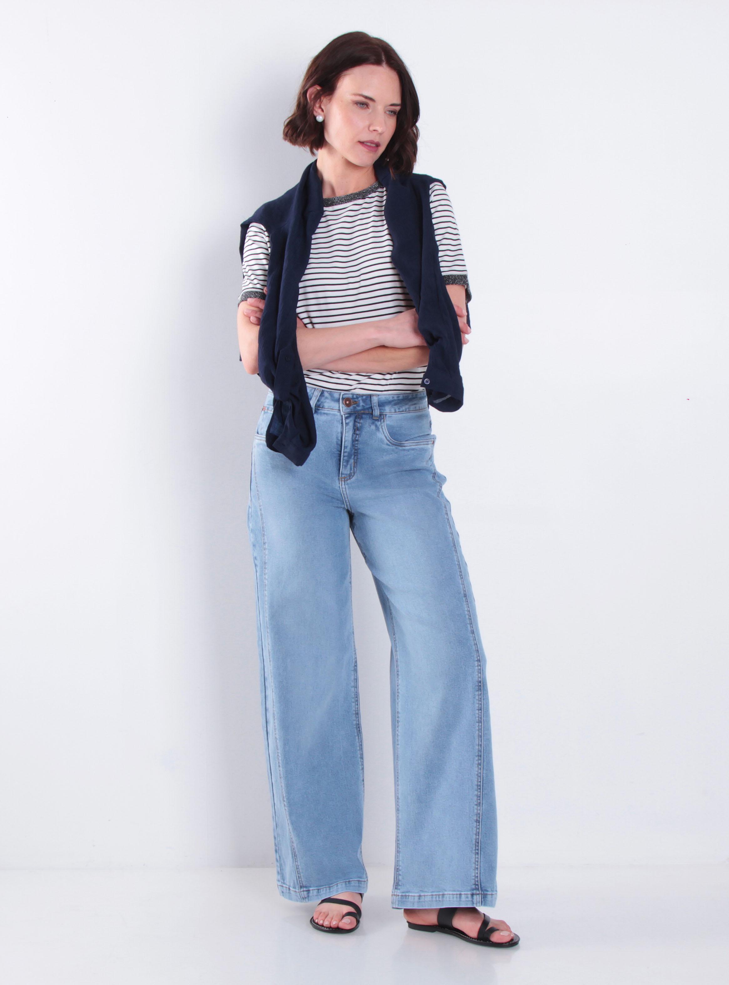 Jeans Wide Leg Tiro Alto Pretina Básica Six-3