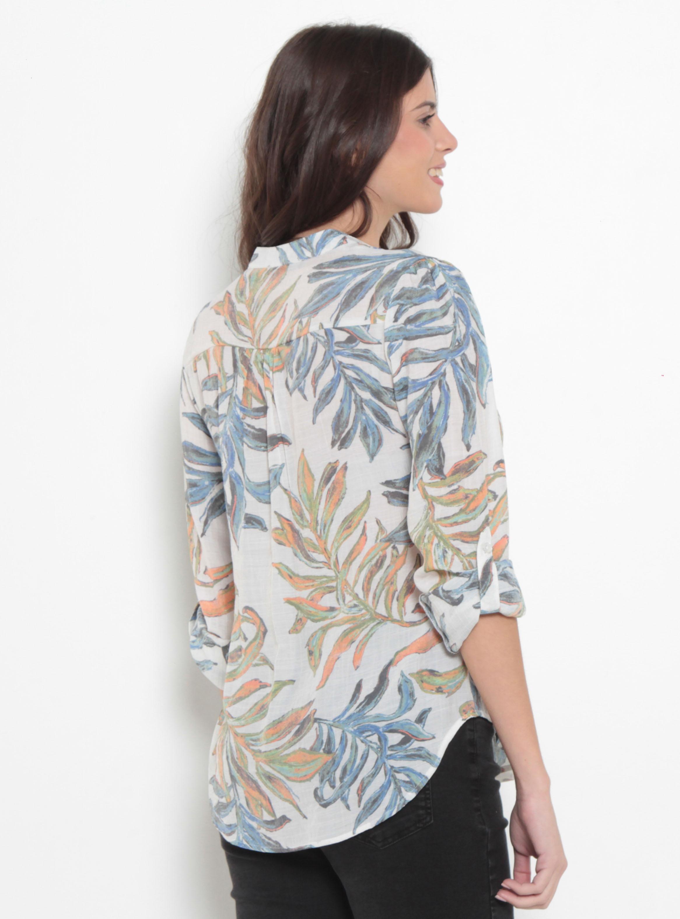 Blusa Manga Larga Estampada Escote V Abotonada en Delantero-1