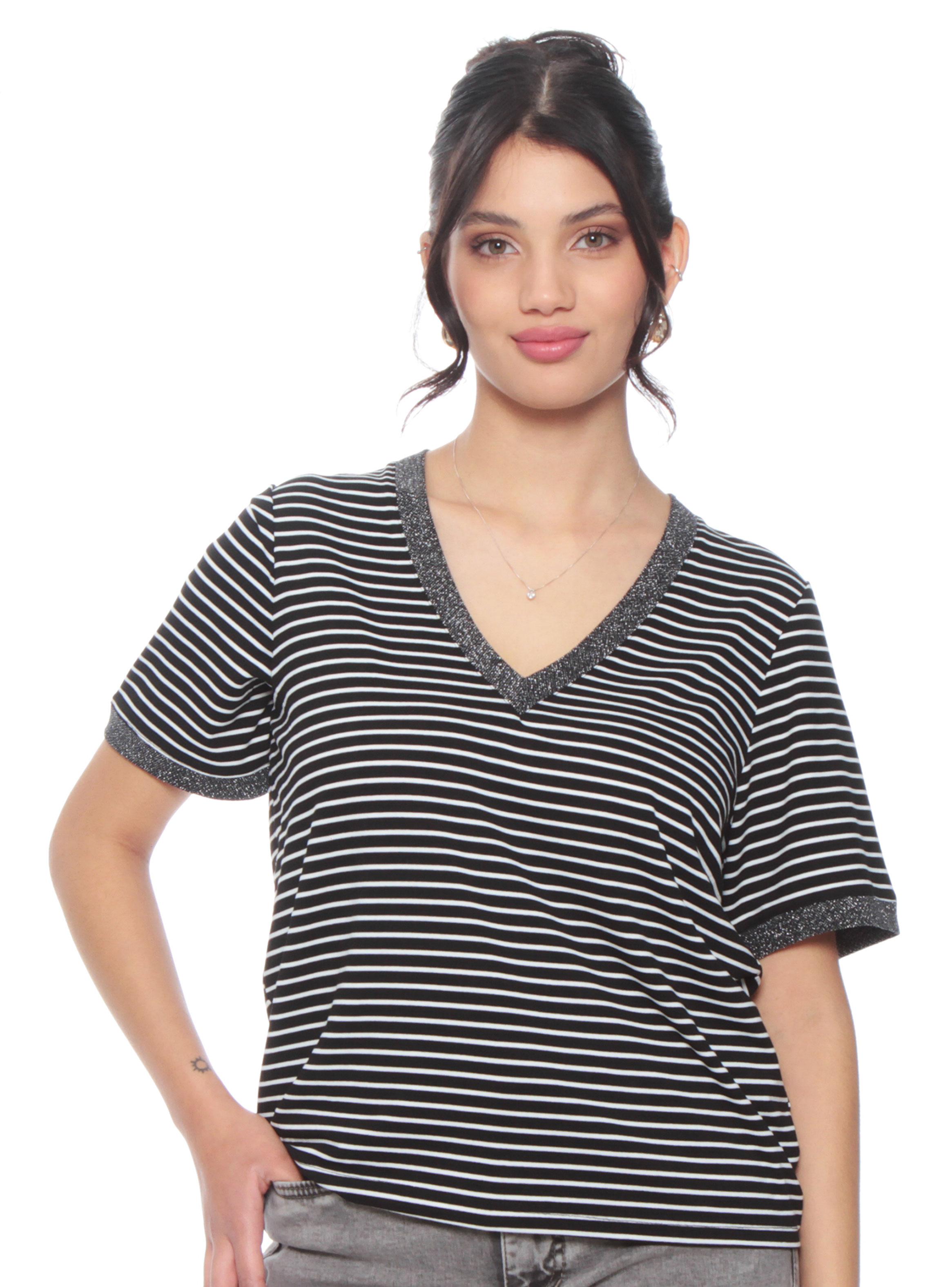 Polera Manga Corta Listada Escote V-0