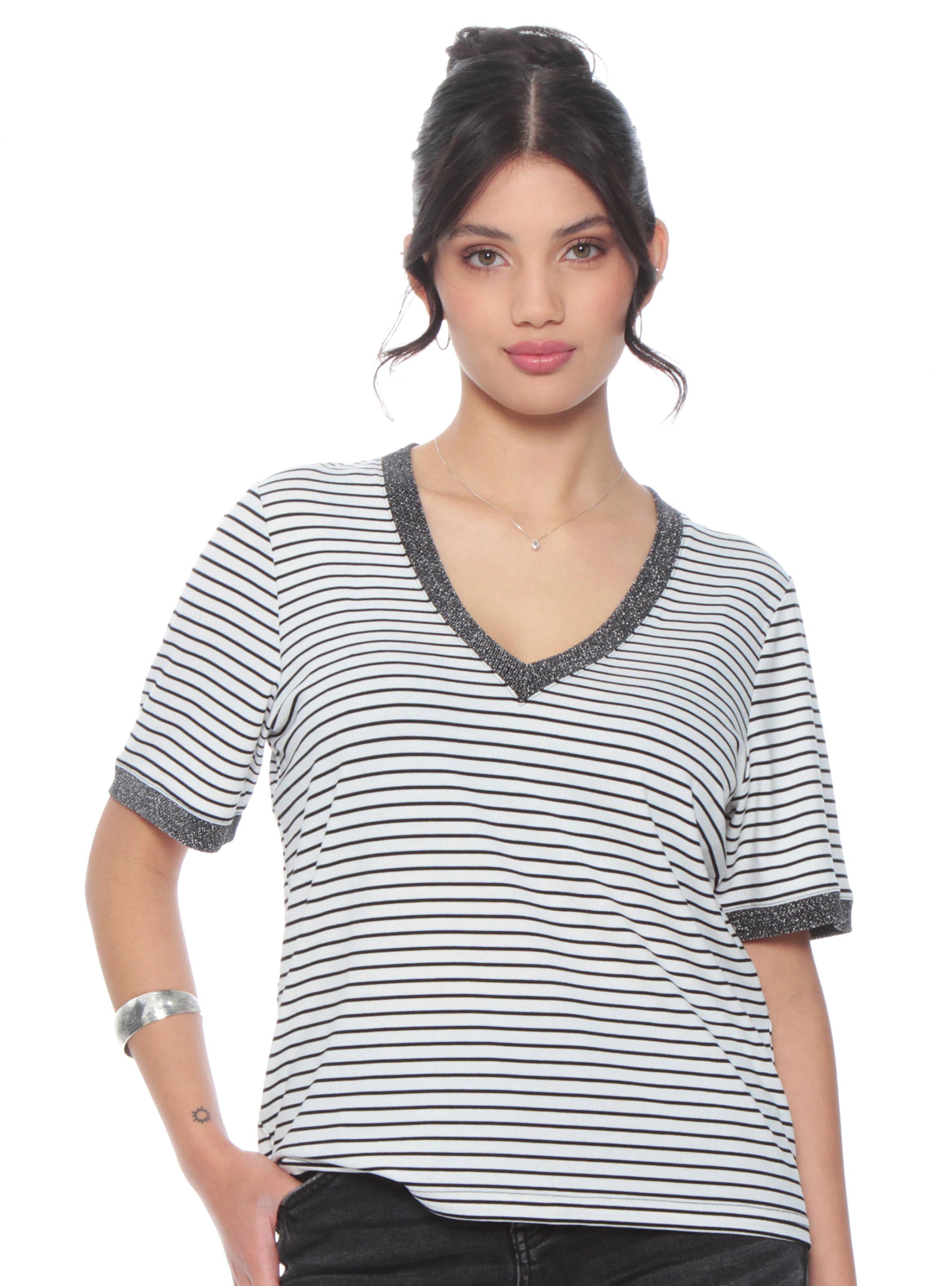 Polera Manga Corta Listada Escote V-0