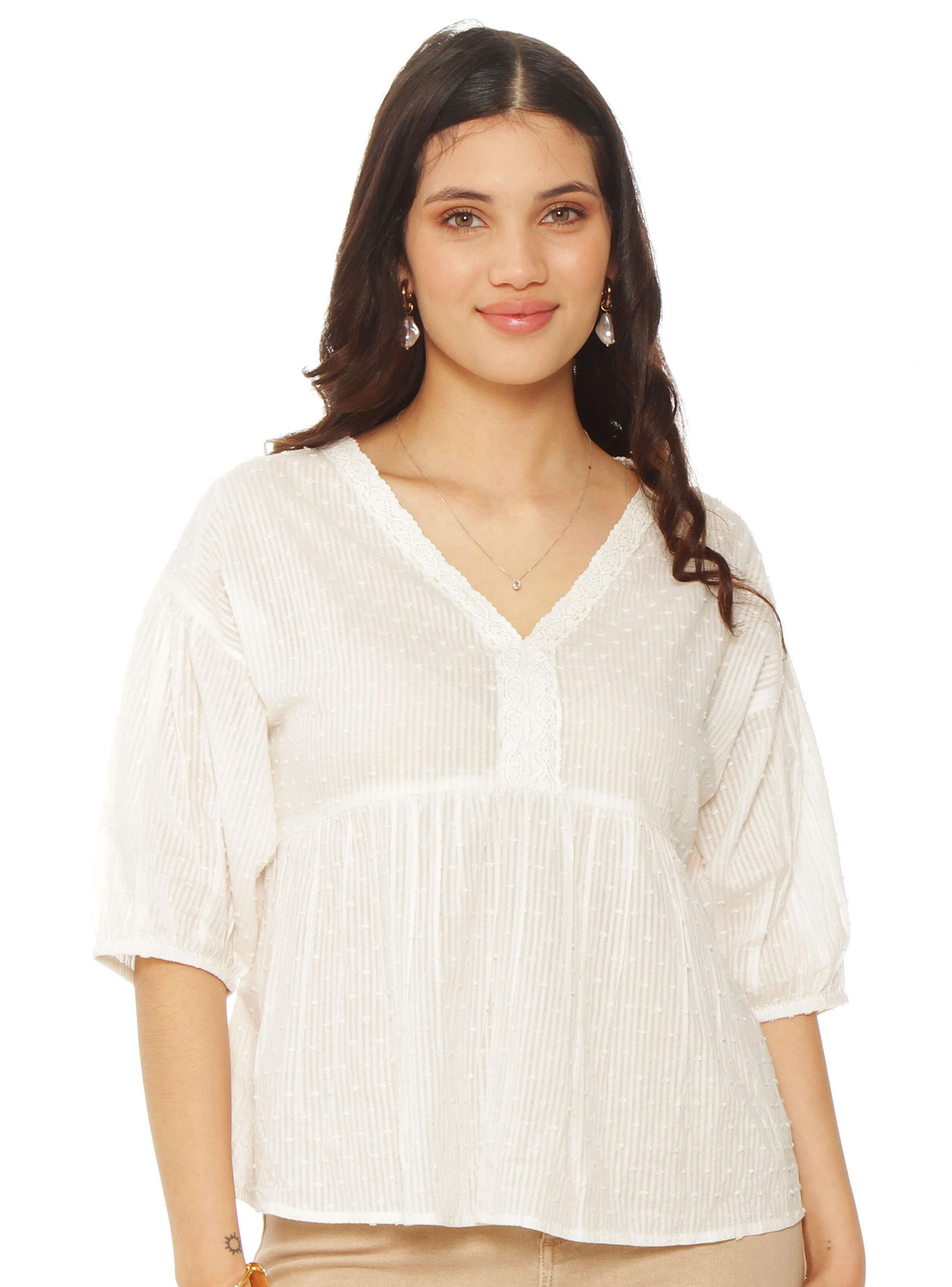 Blusa Manga Corta Brodery Escote V-0