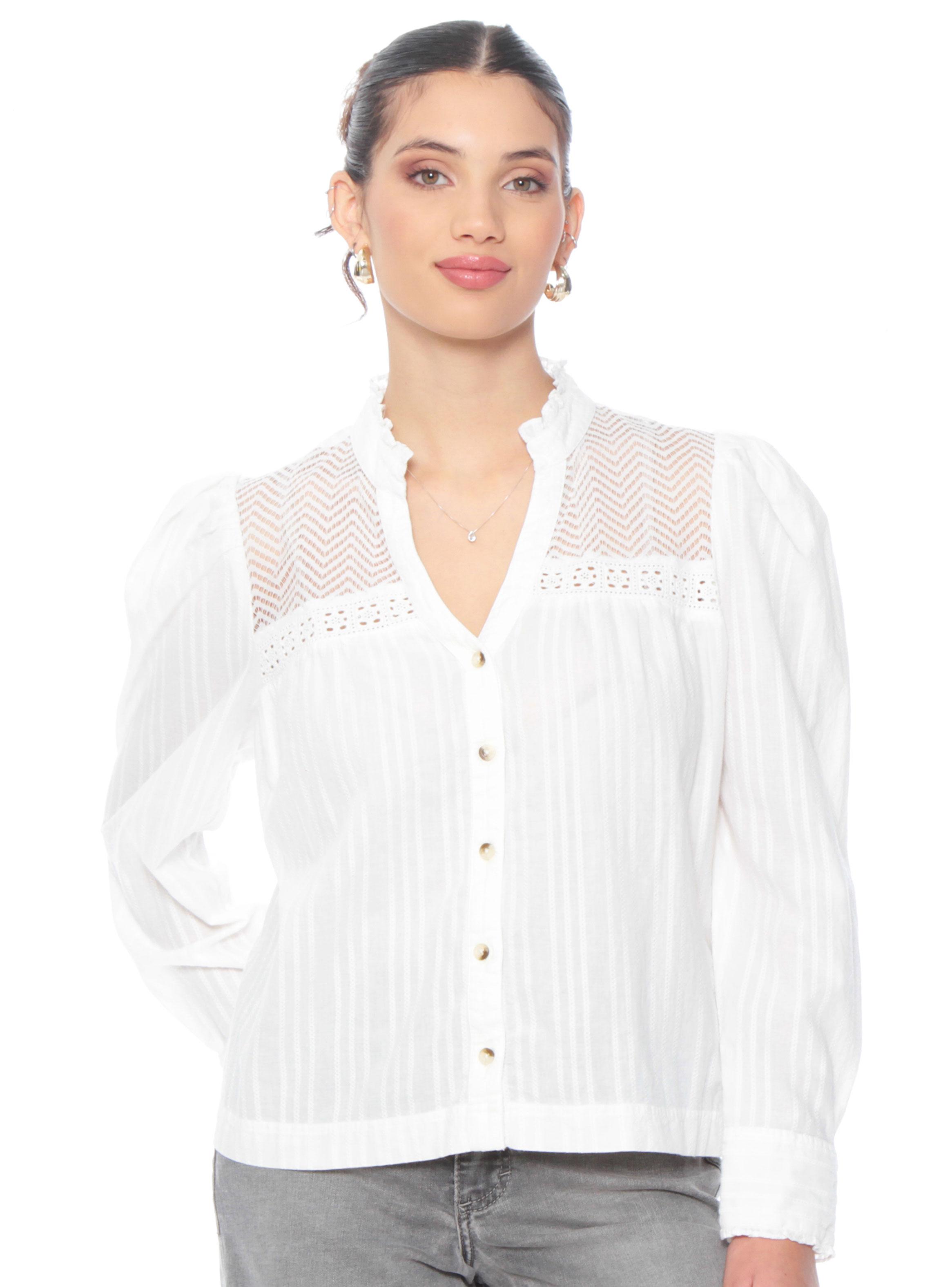 Blusa Manga Larga Brodery Abotonada Aplicación-0