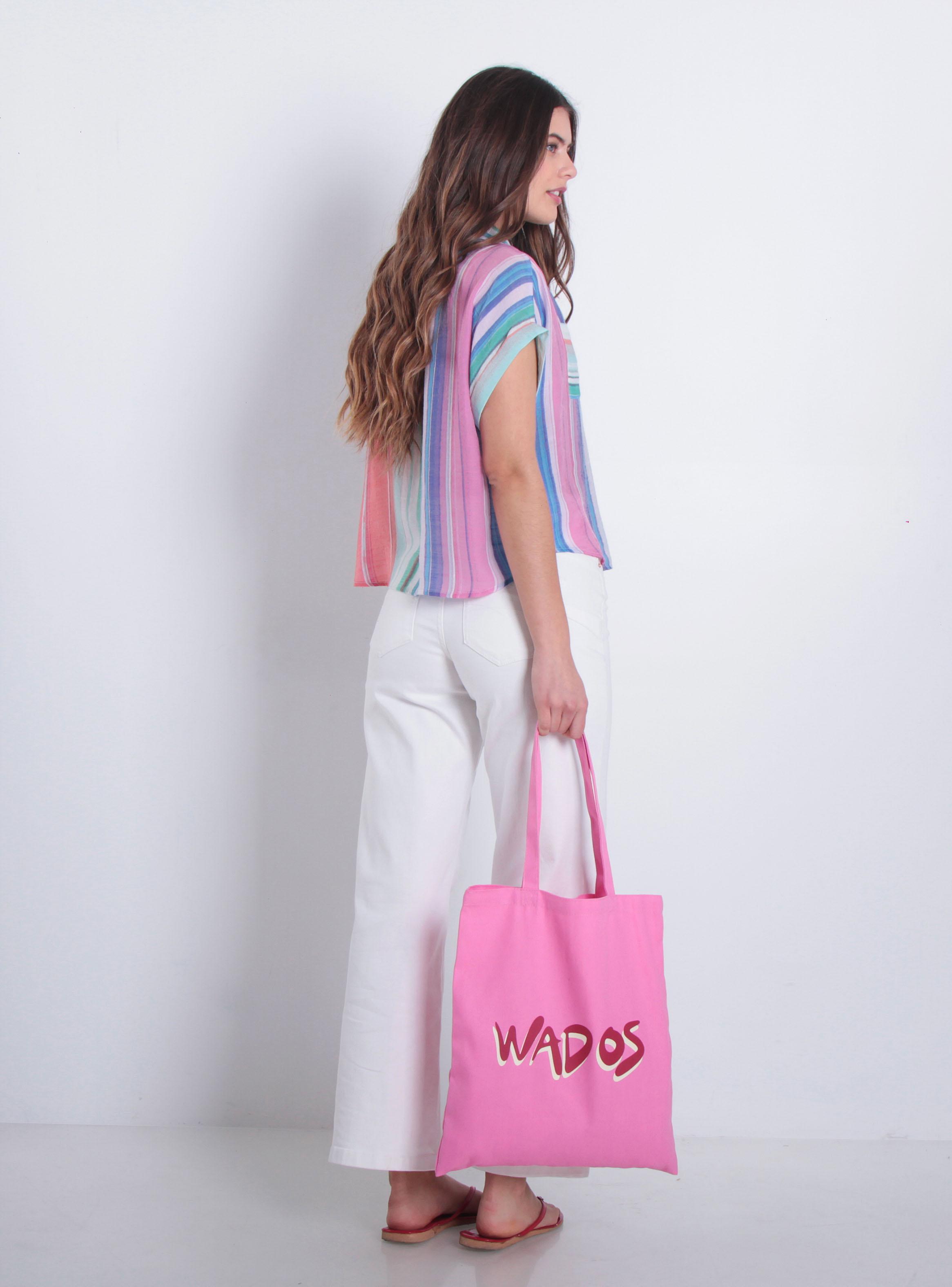 Blusa Listada Manga Corta Abotonada en Delantero Bolsillo-4