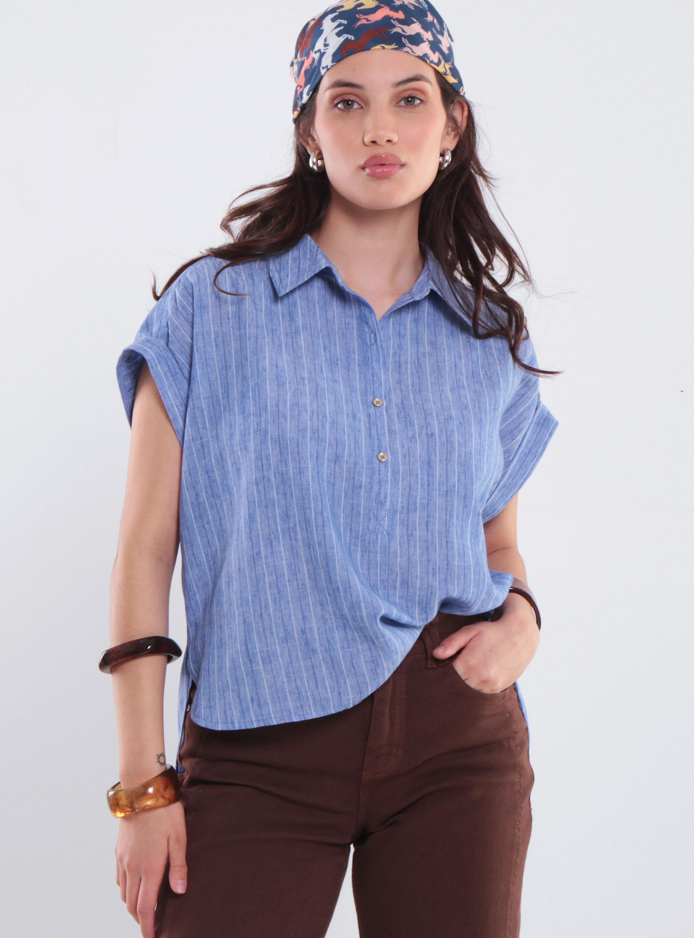 Blusa Manga Corta Listada Escote V-0