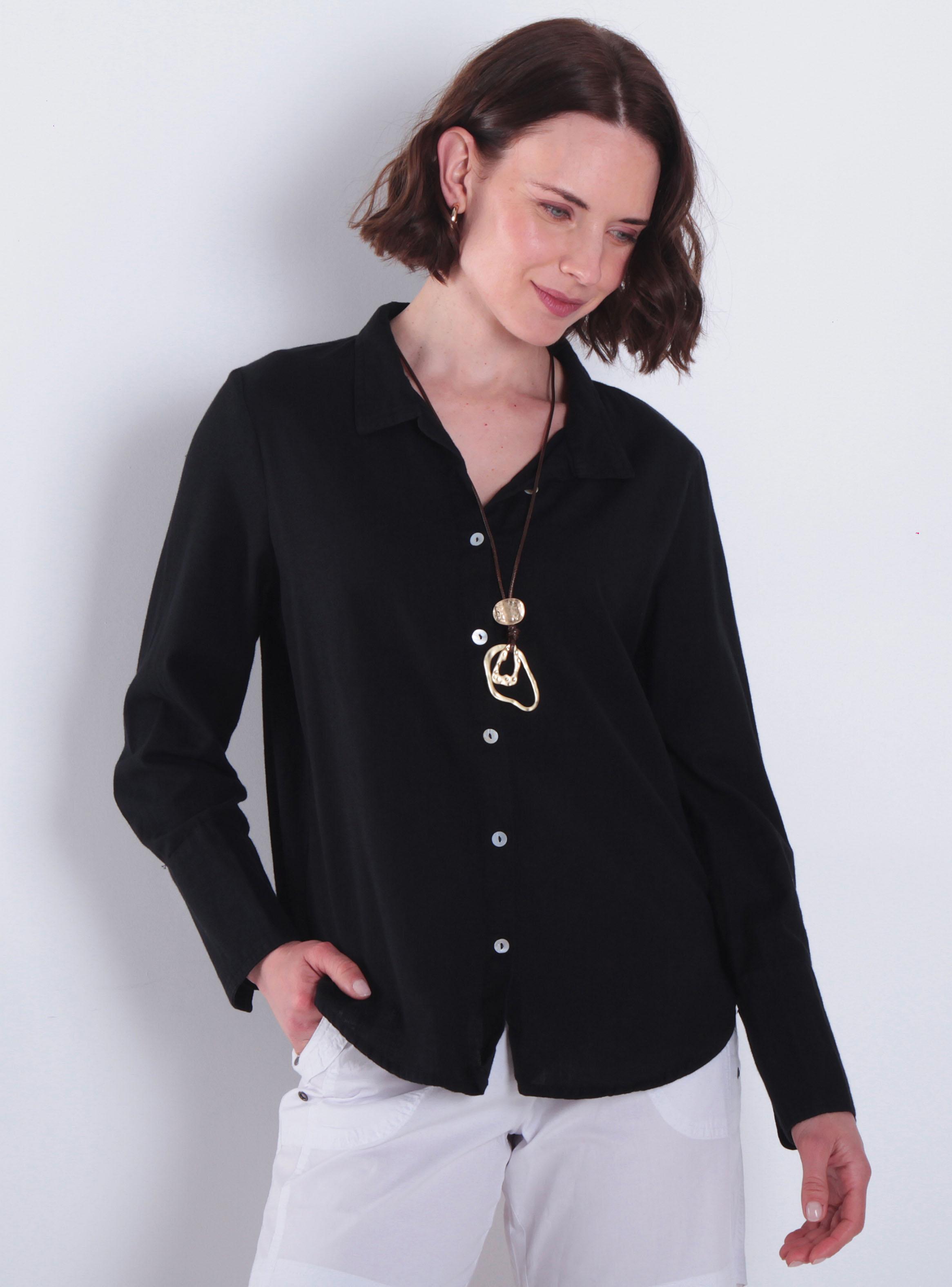 Blusa Manga Larga Lino Sólido Abotonada-0