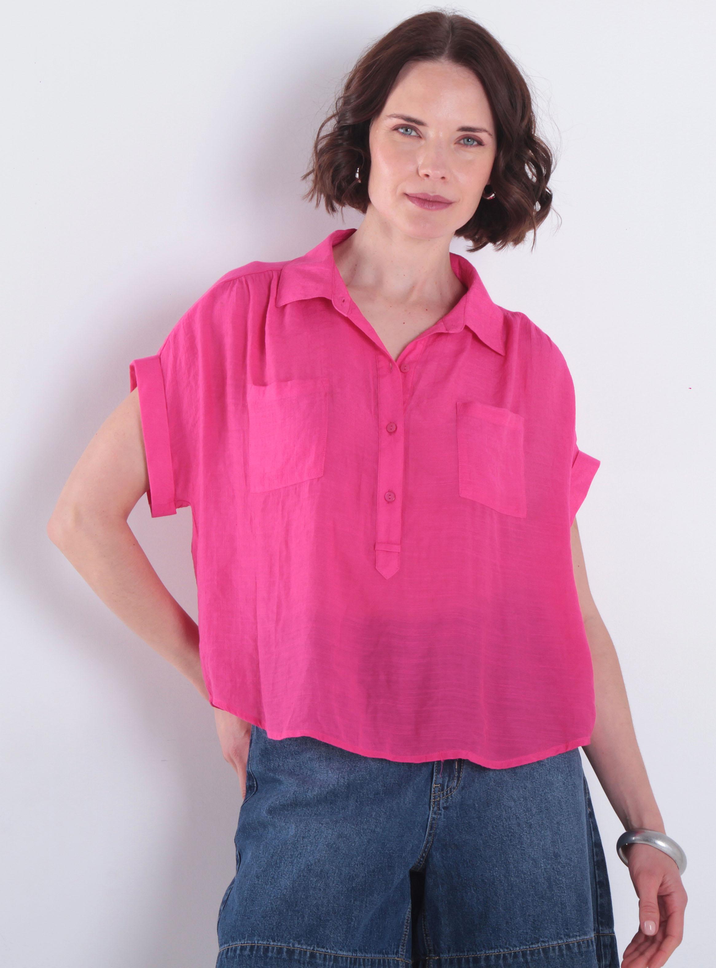 Blusa Manga Corta Abotonada en Delantero con Bolsillos-0
