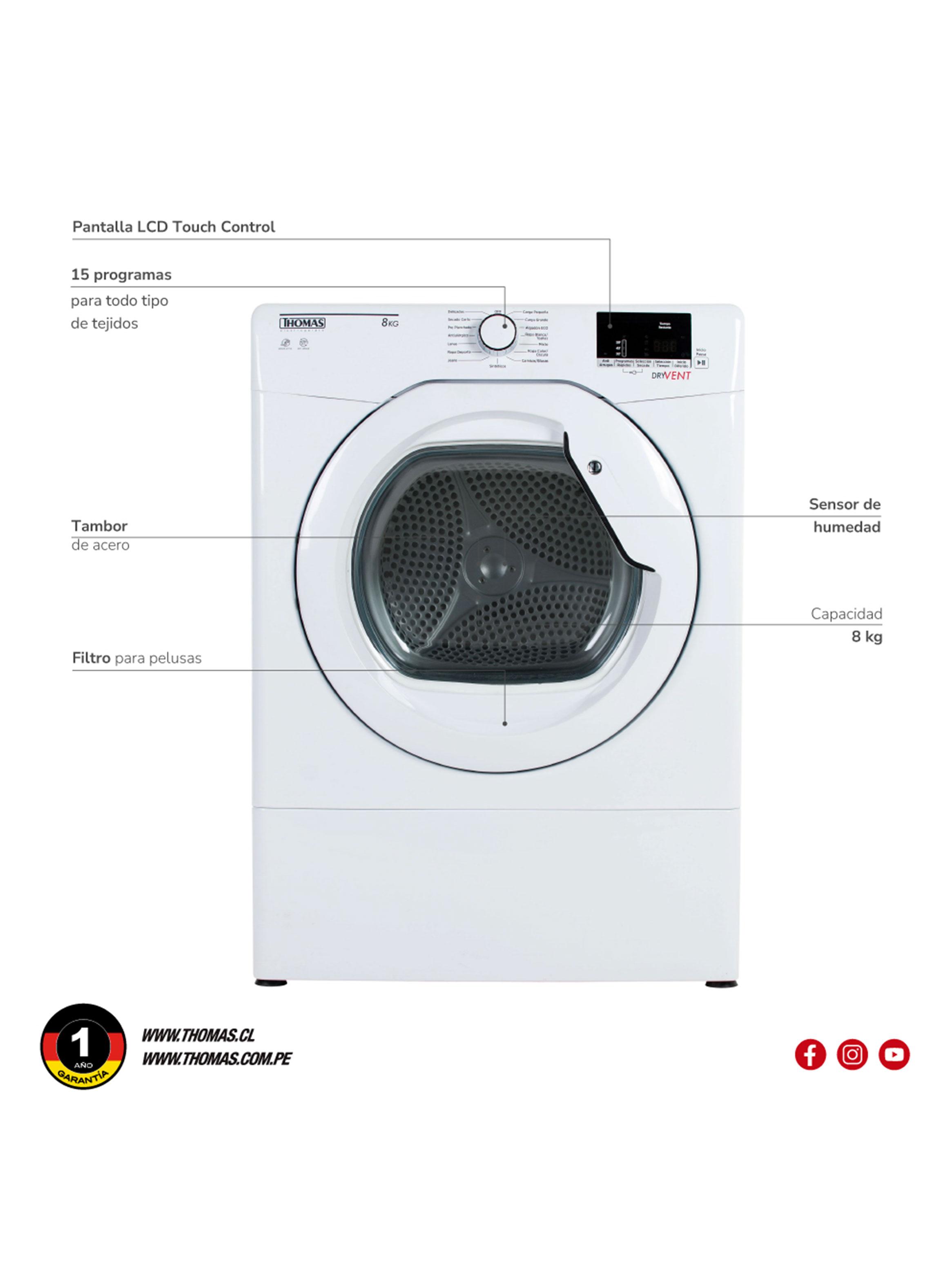 Secadora Frontal 8 Kg con Evacuación TH-D8KV-3