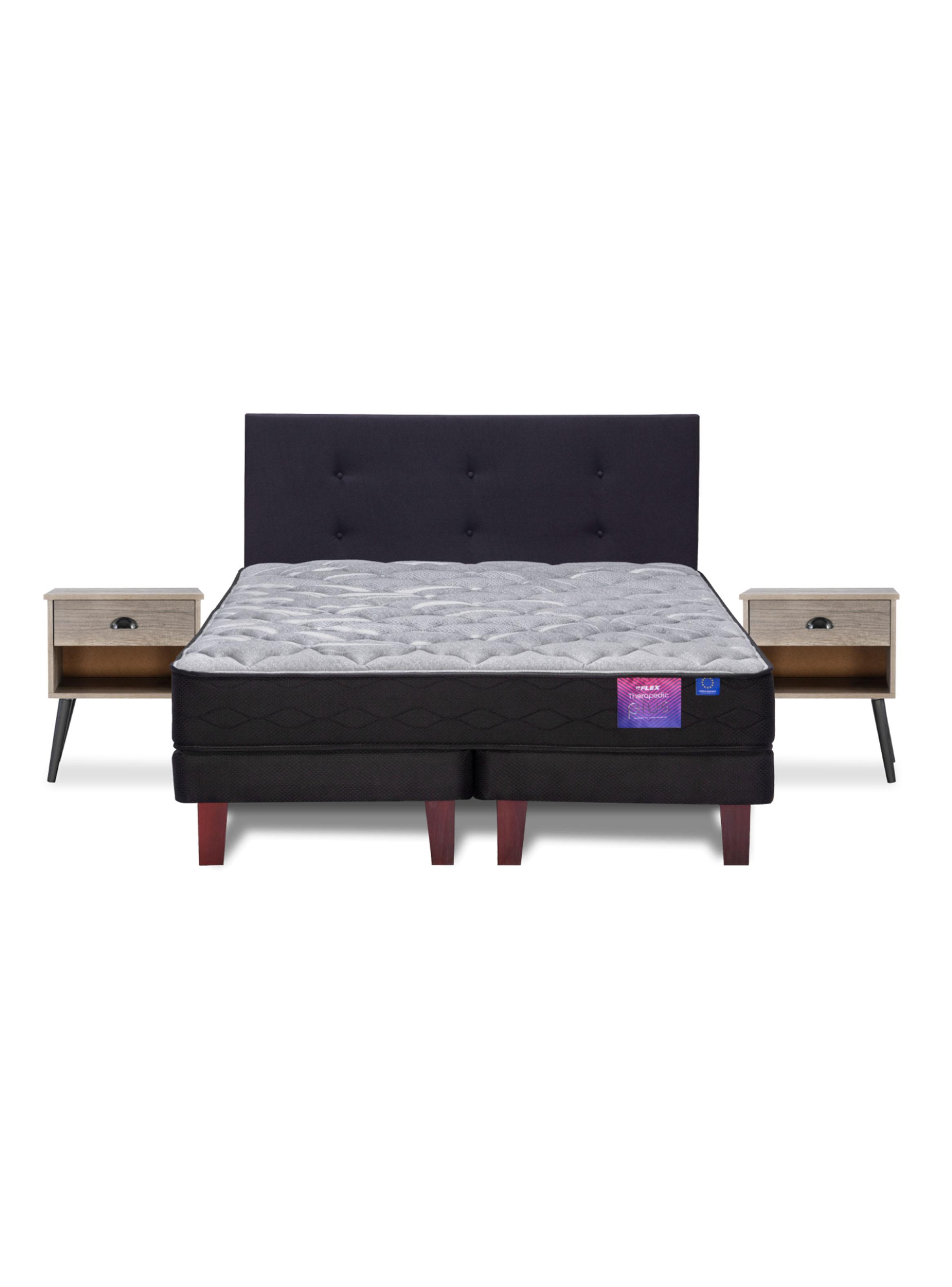 Cama Europea Therapedic Plus King + Respaldo Royal Negro + Velador Rock-2