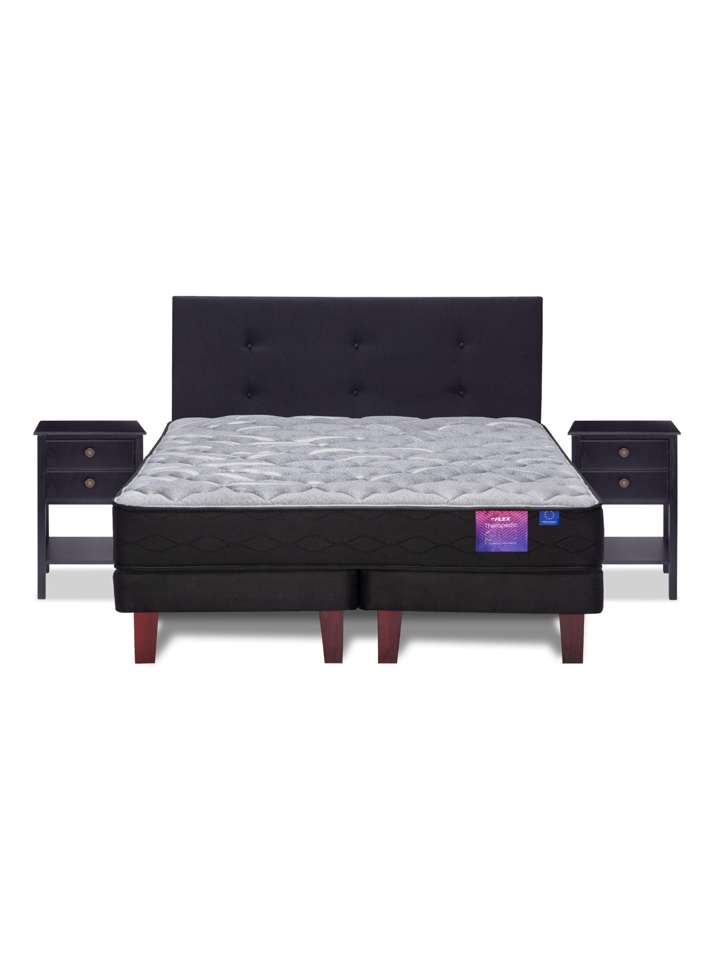 Cama Europea Therapedic Plus King Flex + Respaldo Royal Negro + 2 Veladores Rock-2