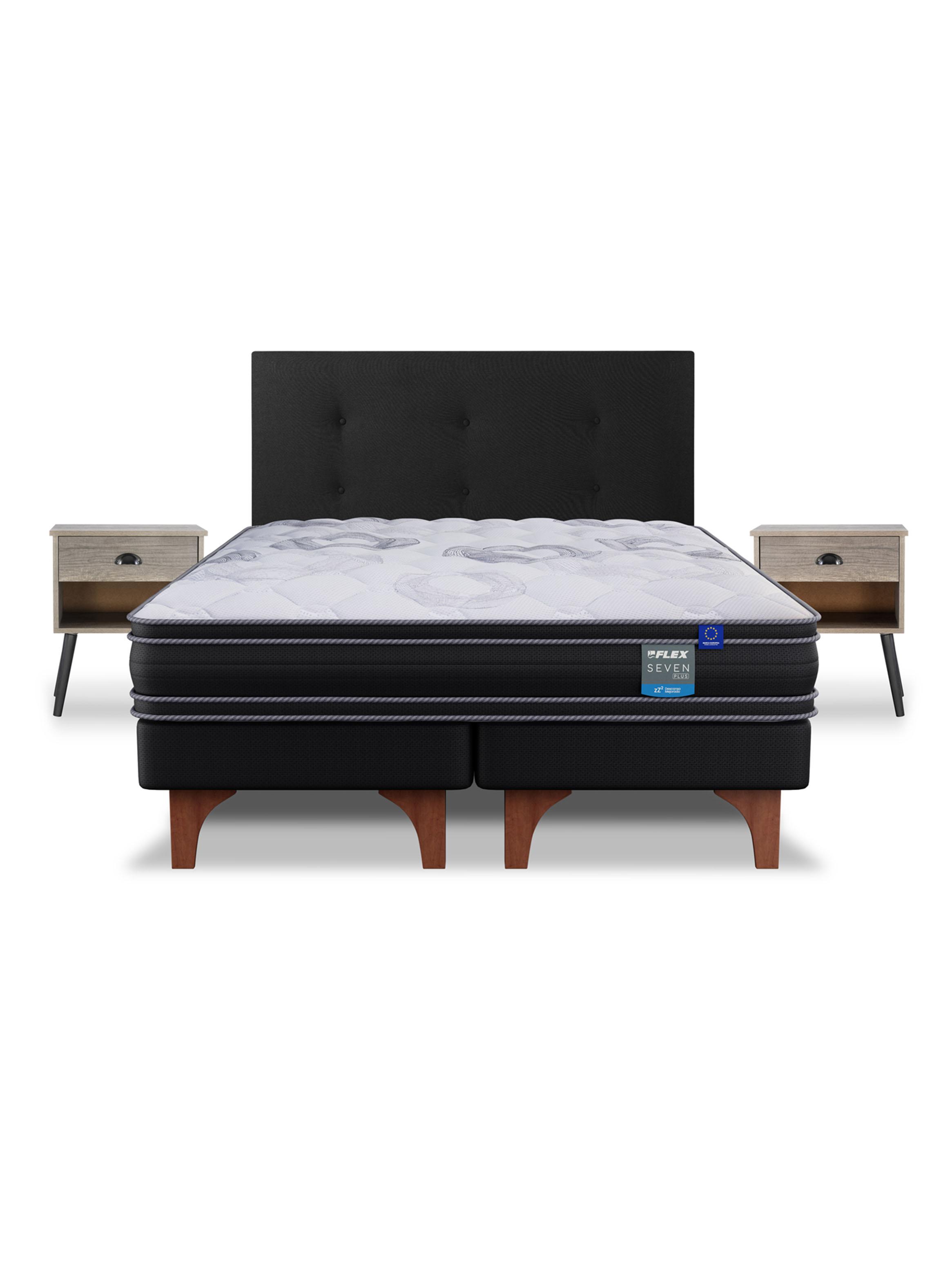 Cama Europea Seven Plus King + Respaldo Royal Negro + Velador Rock-2