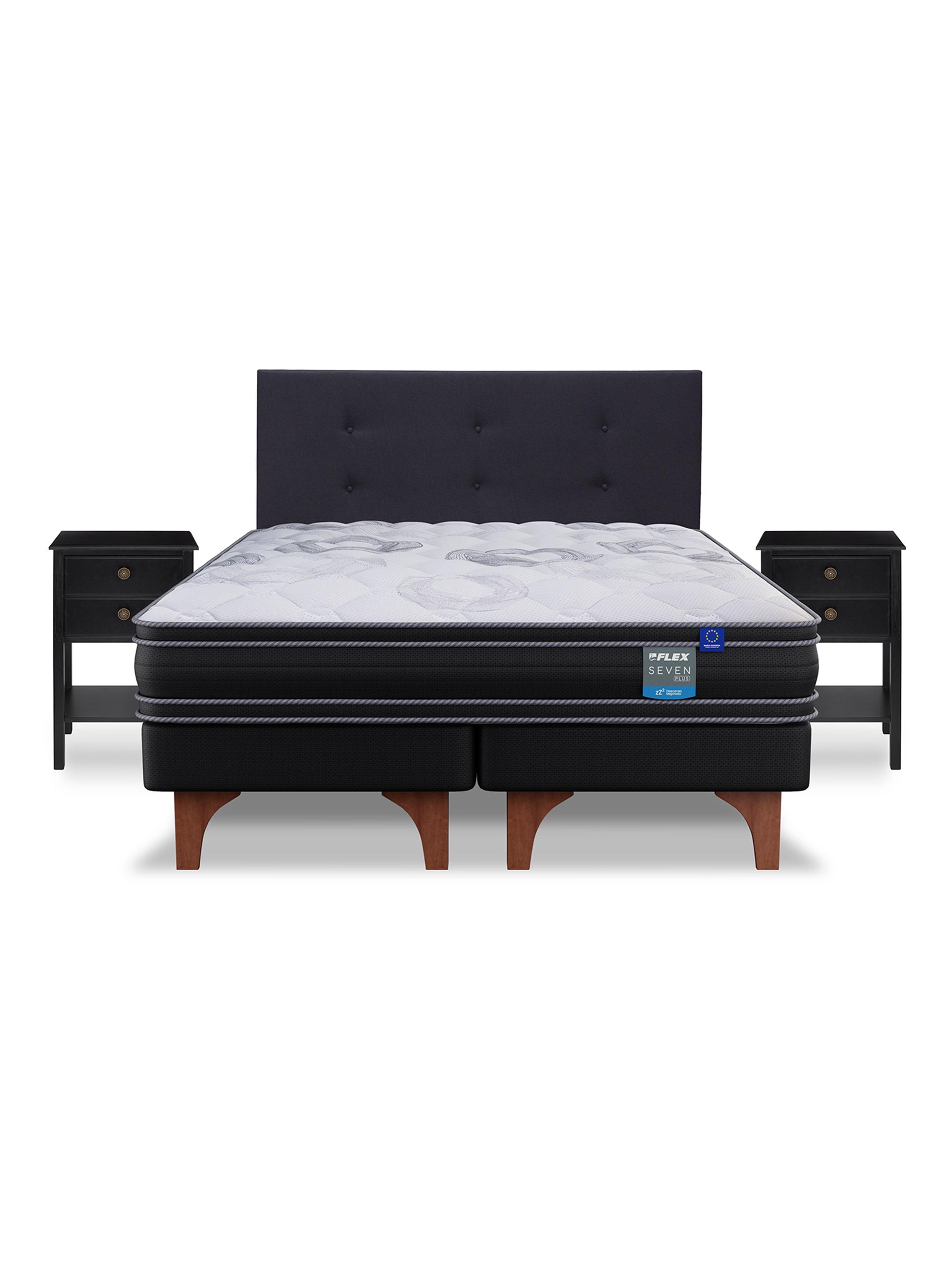 Cama Europea Seven Plus King + Respaldo Royal Negro + Velador Rover-2