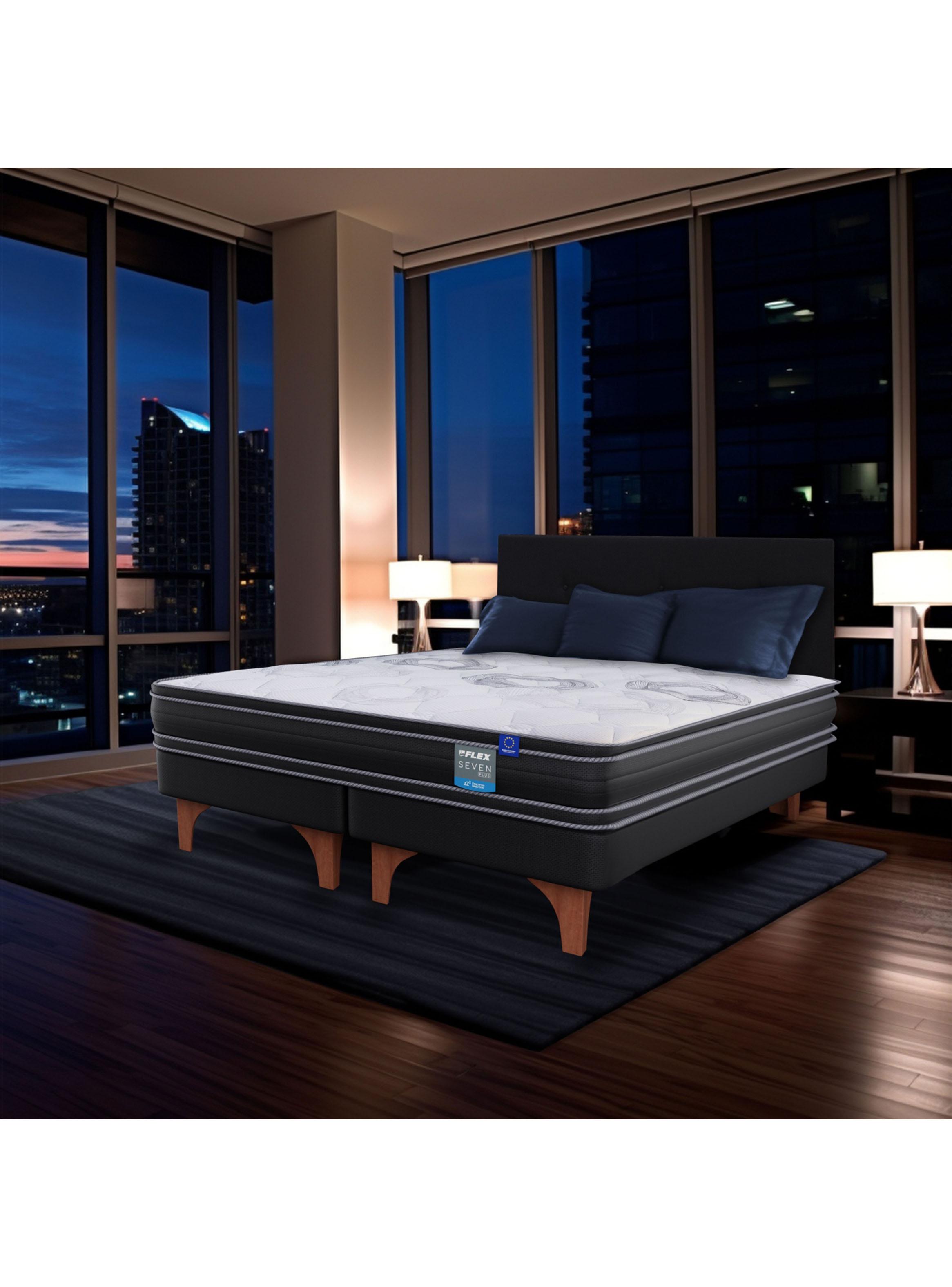 Cama Europea Seven Plus King + Respaldo Royal Negro + Velador Rover-5