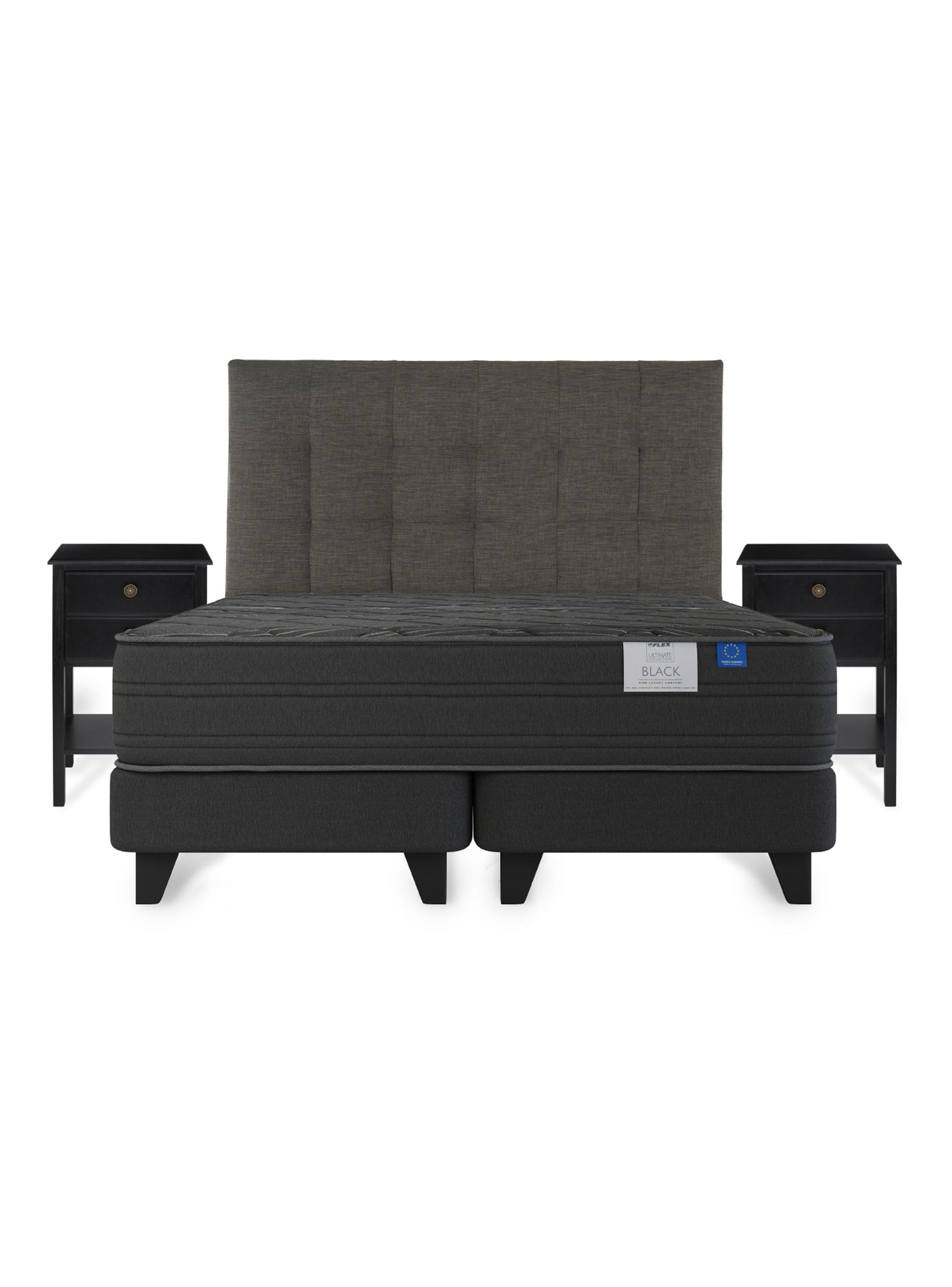 Cama Europea 2 Plazas Black Base Gris Dividida Respaldo + Velador-2