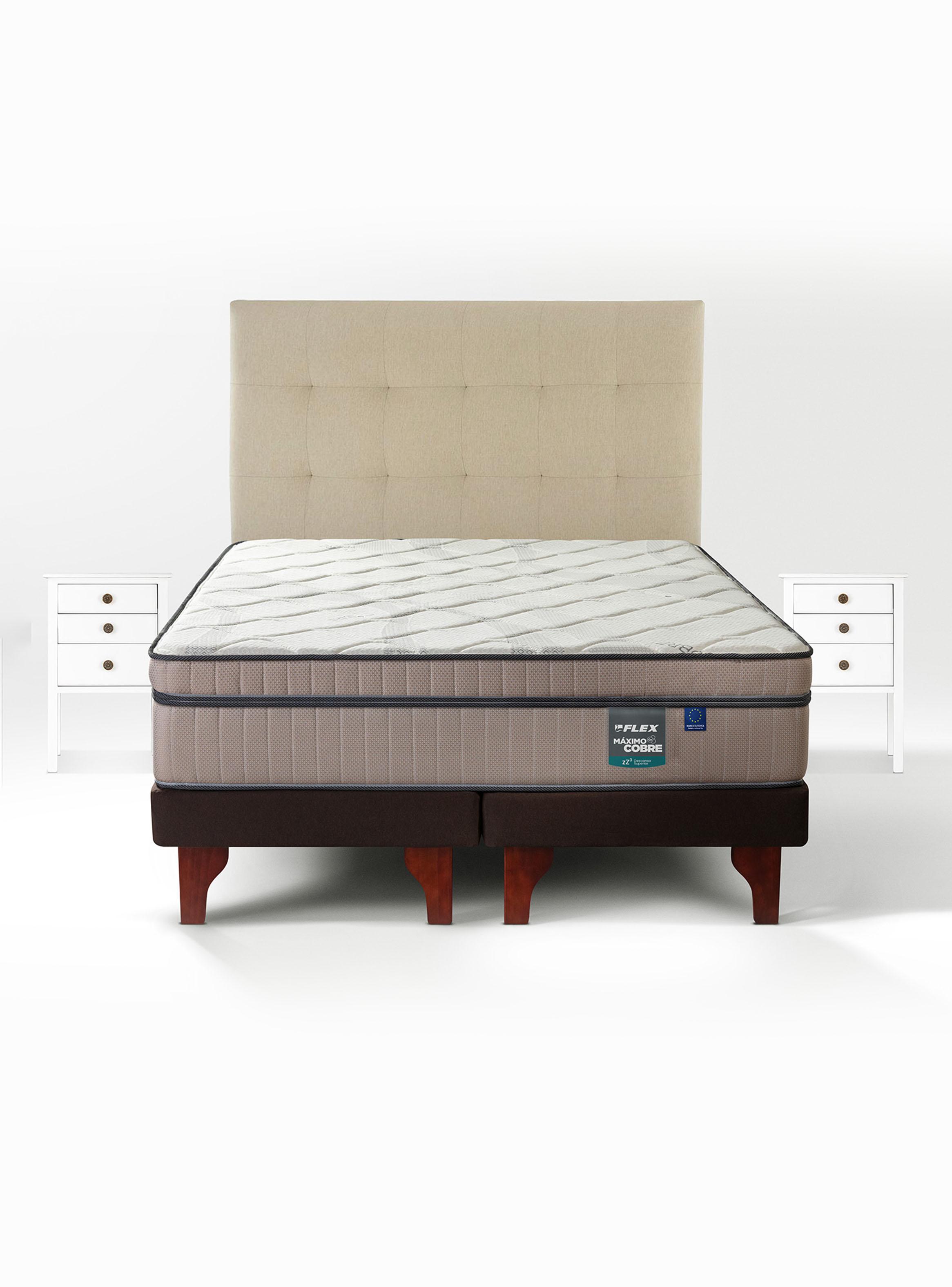 Cama Europea Máximo Cobre 2 Plazas Base Dividida + Respaldo Design Crudo + Velador Roma-2