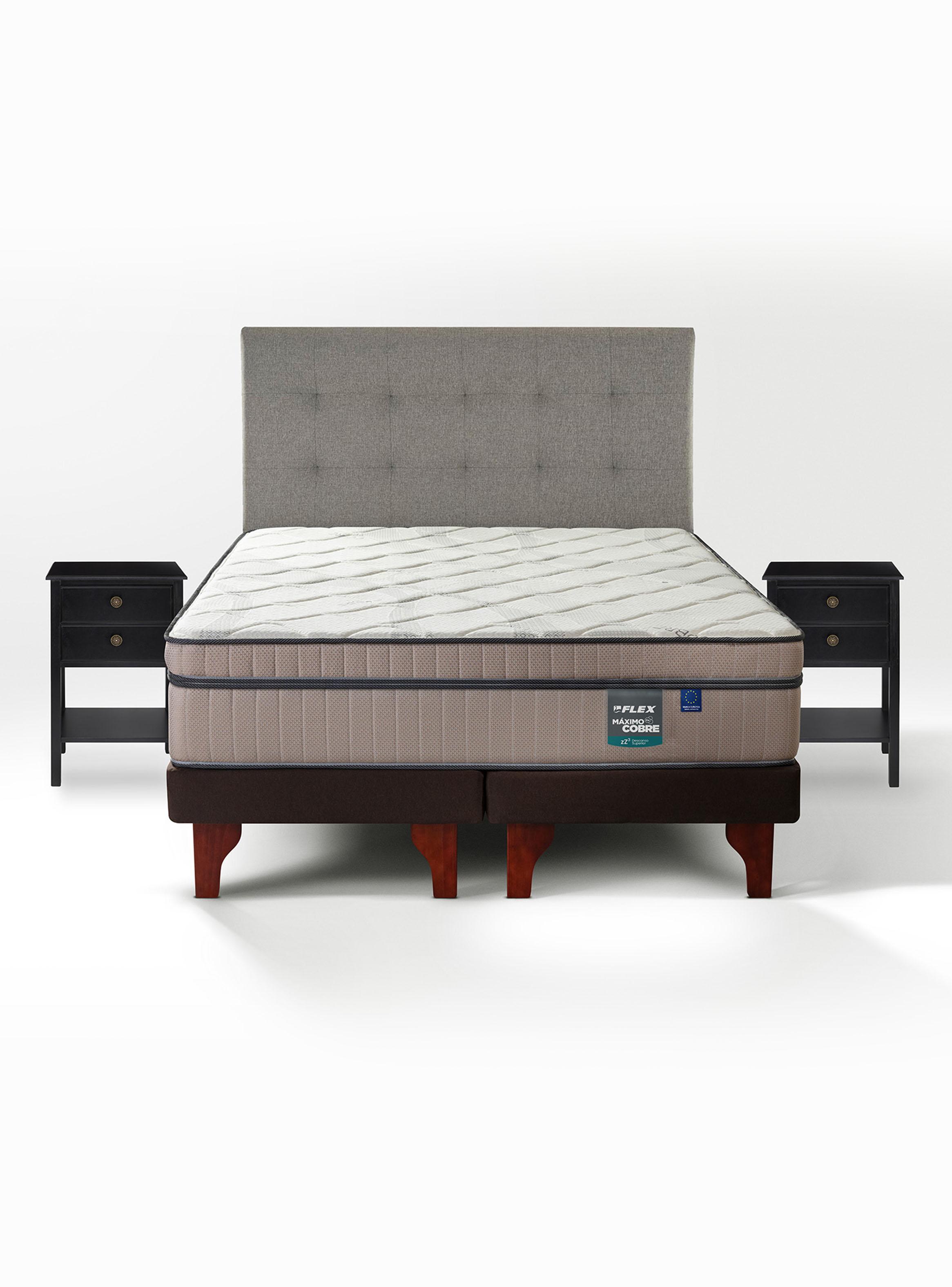 Cama Europea Máximo Cobre 2 Plazas Base Dividida + Respaldo Design Gris + Velador Rover-2