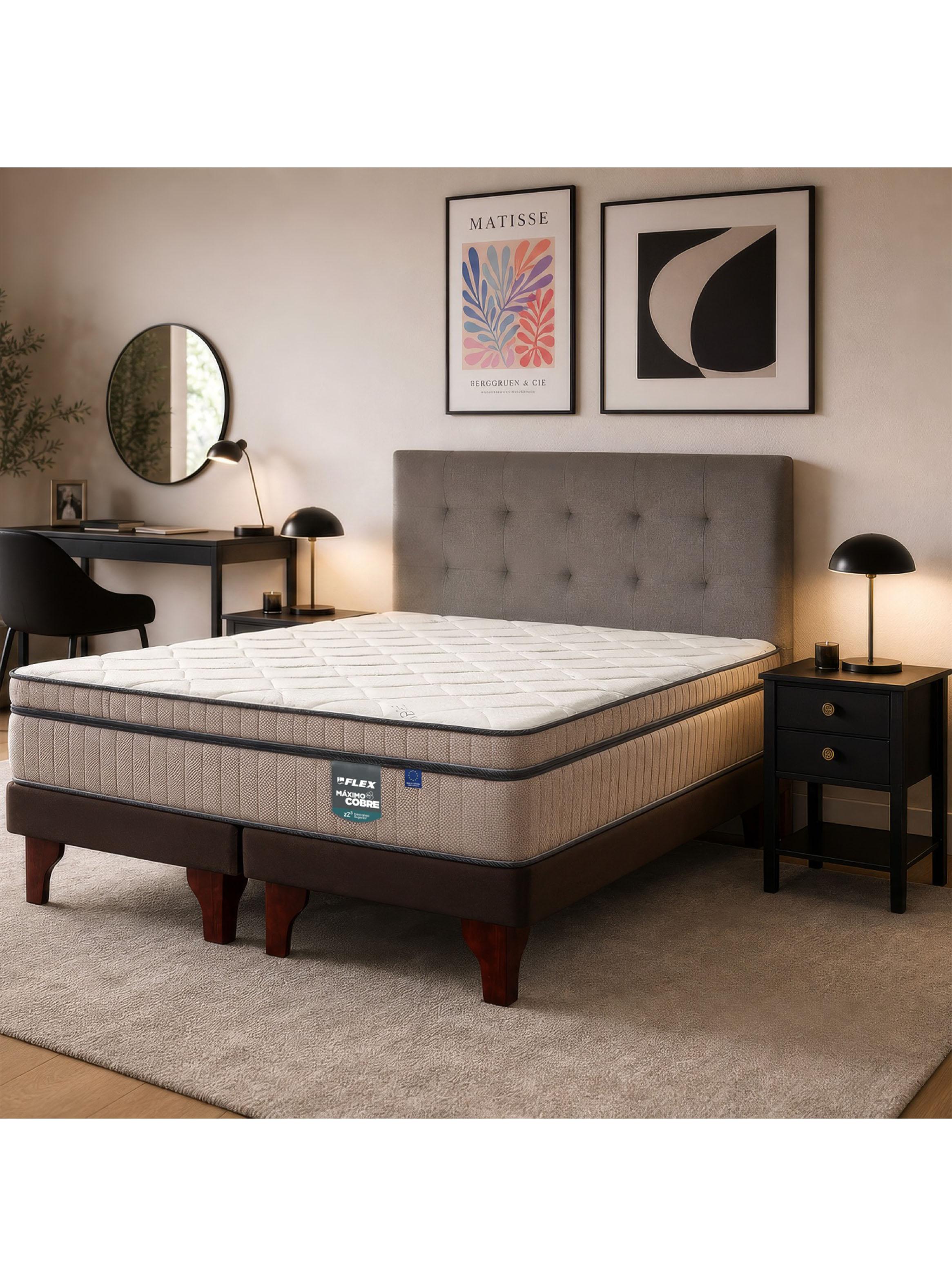 Cama Europea Máximo Cobre 2 Plazas Base Dividida + Respaldo Design Gris + Velador Rover-5