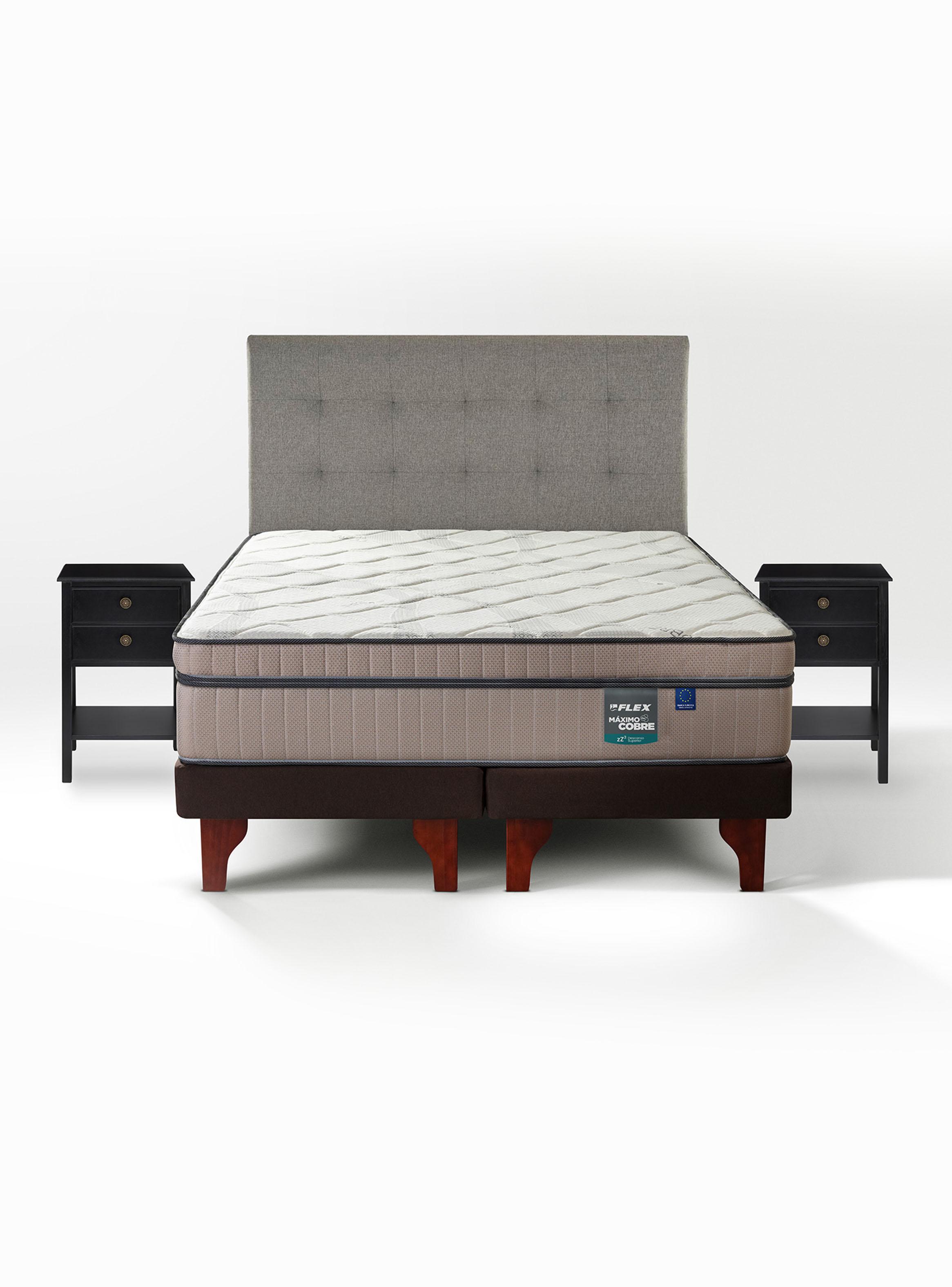 Cama Europea Máximo Cobre King + Respaldo Design Gris + Velador Rover-2