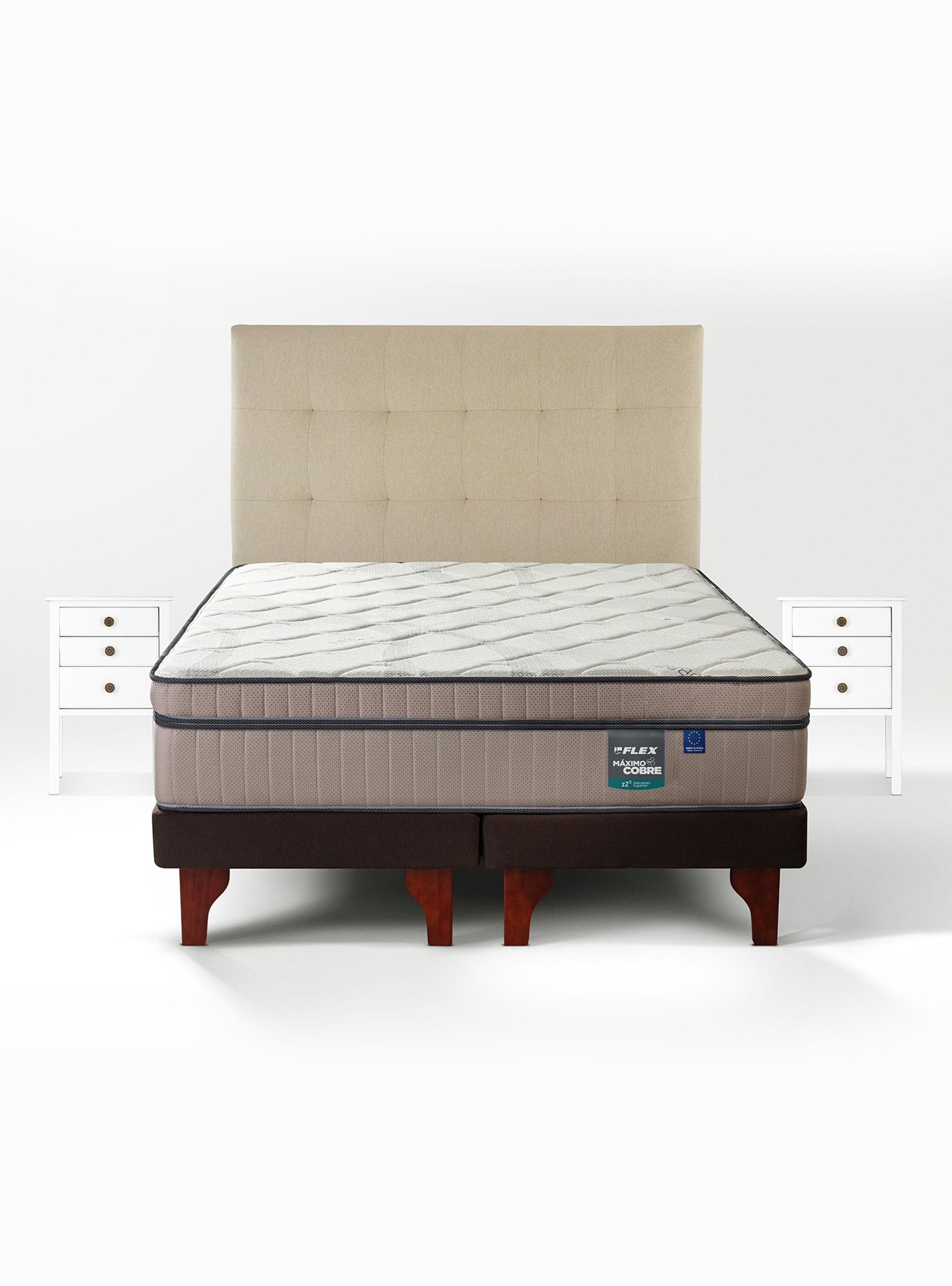 Cama Europea Máximo Cobre Súper King + Respaldo Design Crudo + Velador Roma-2
