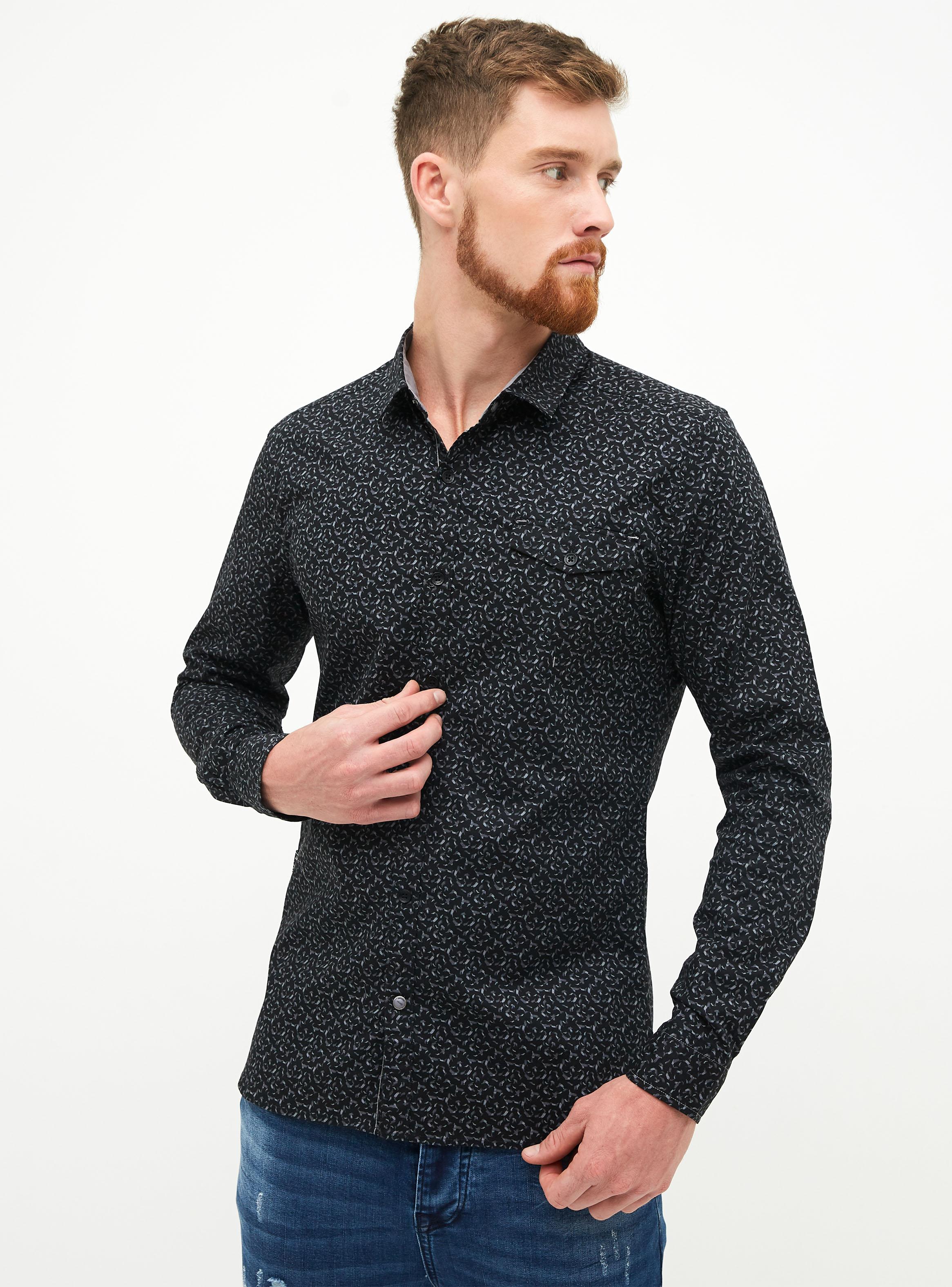 Camisa Negra Mini Print Manga Larga JJO-0