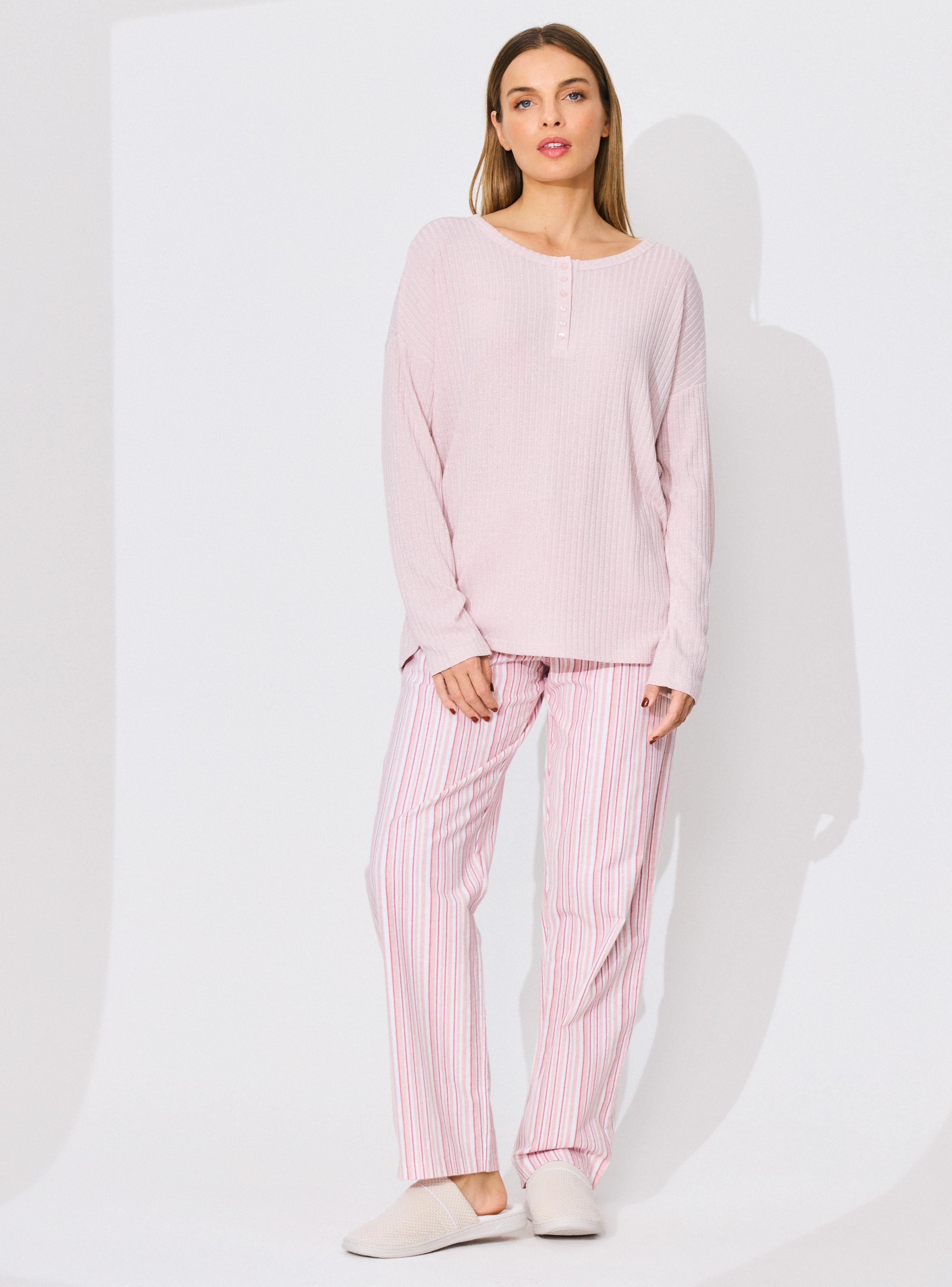 Pijama Polera Rib Poliéster Pantalón Franela Algodón-4