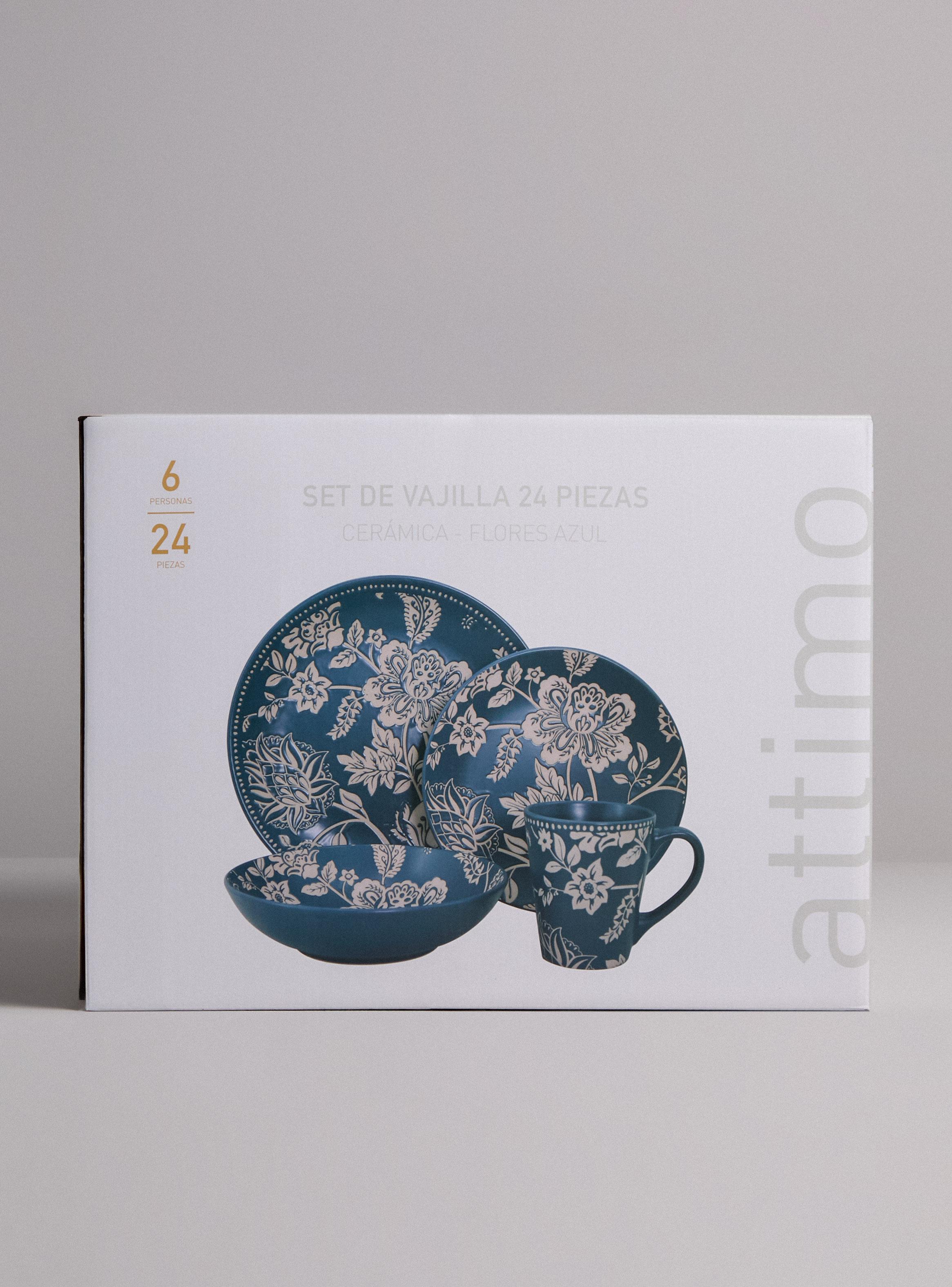 Set Vajilla 24 Piezas Flores Azul Cerámica-3