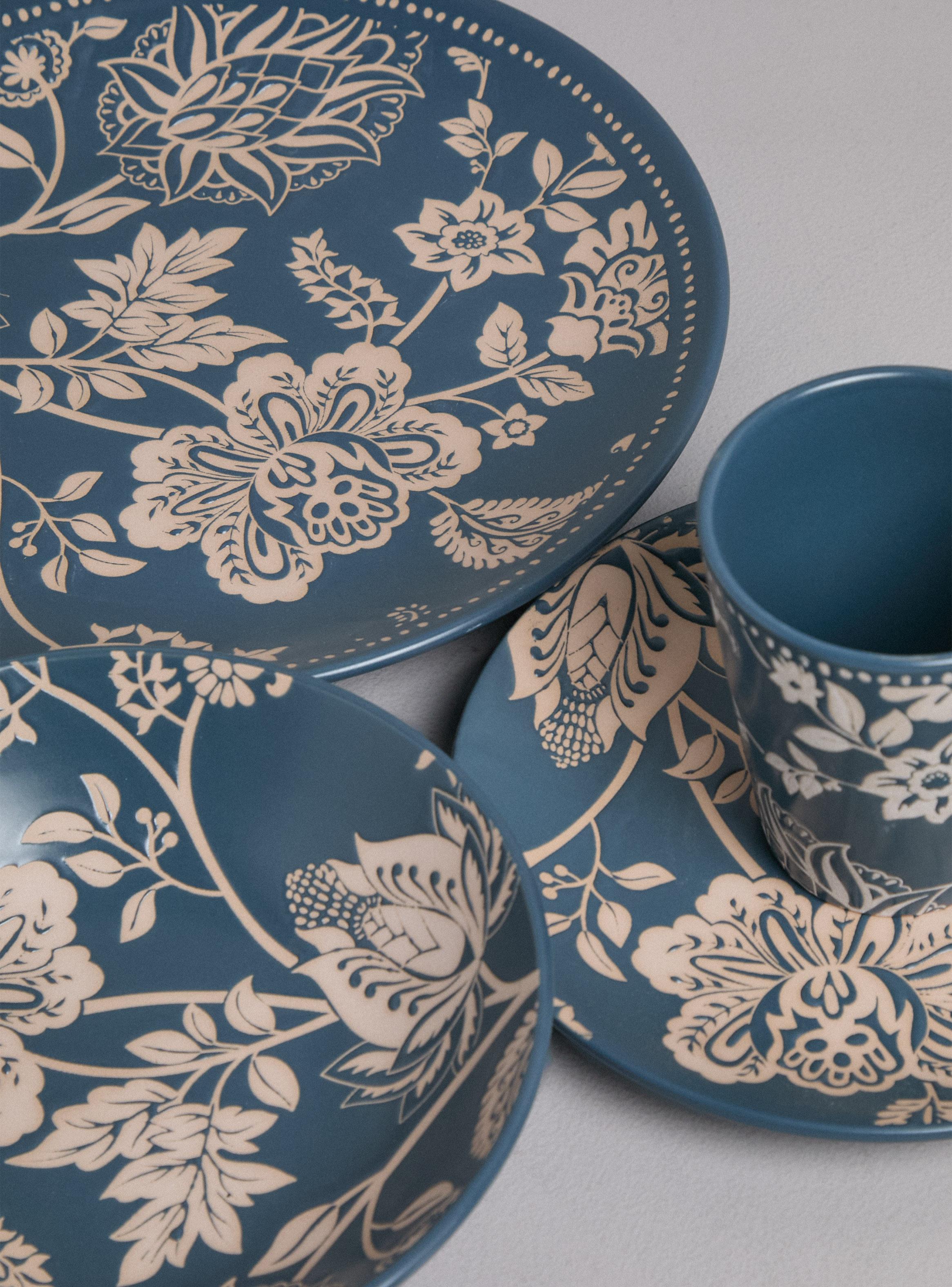 Set Vajilla 24 Piezas Flores Azul Cerámica-2