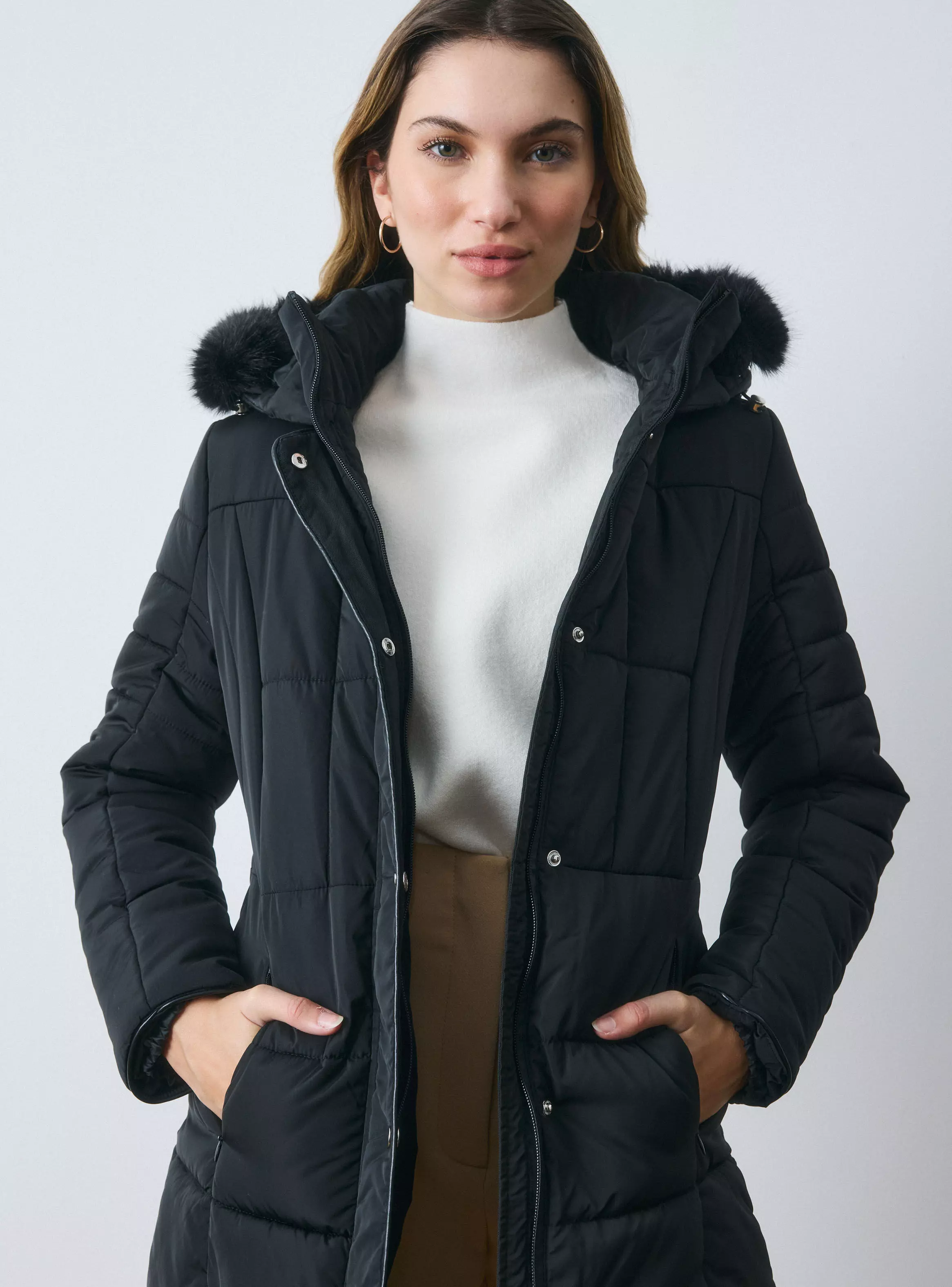 Parka Larga Capucha Desmontable con Piel-2